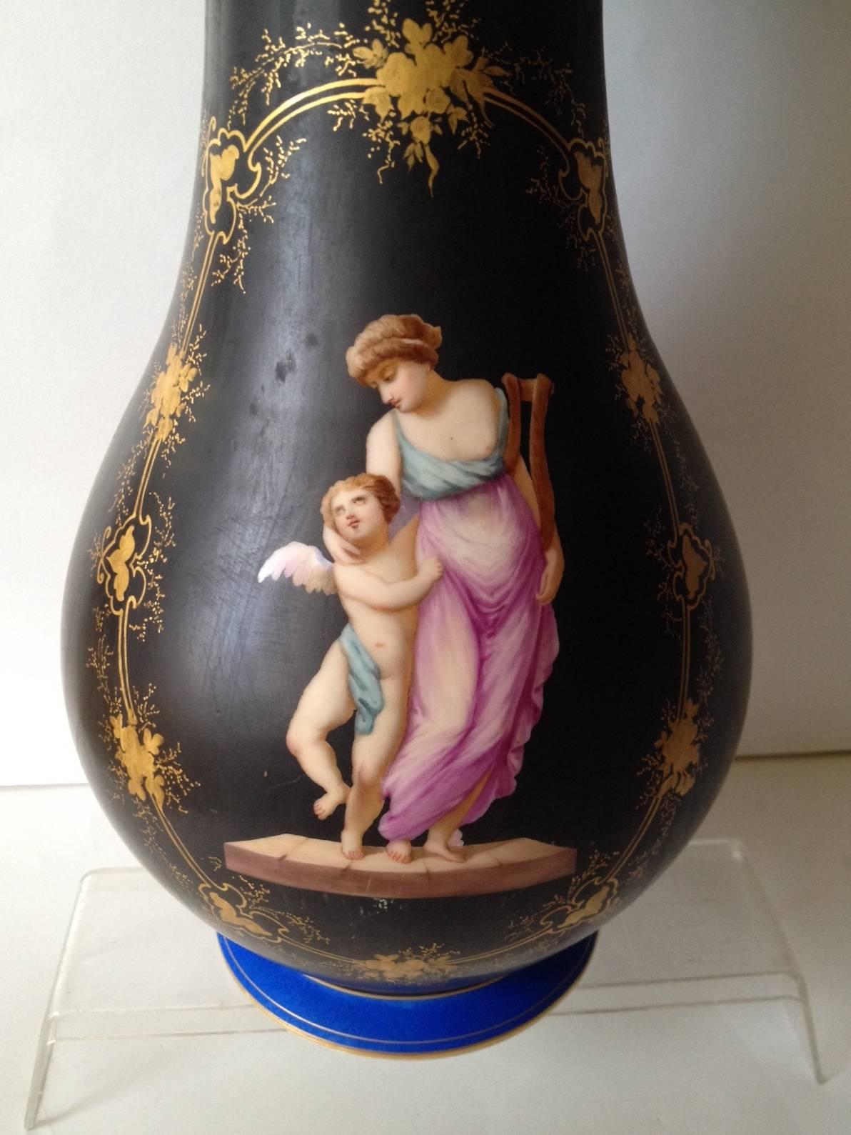 French Old Paris Vase Black Matte Finish and Polychrome Enamel Figures, circa 1880 For Sale