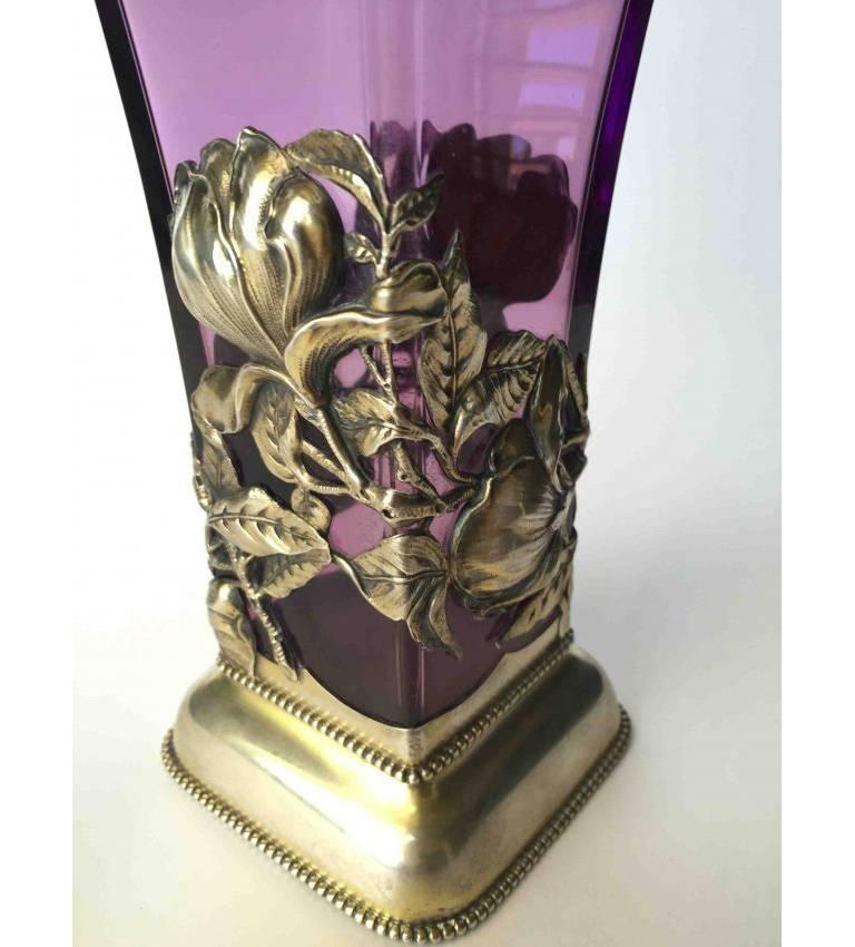 Early 20th Century Lovely Purple Glass Vase with Sterling Frame, circa 1900