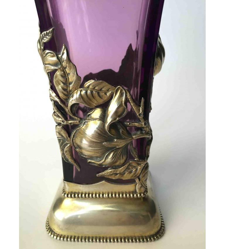 American Lovely Purple Glass Vase with Sterling Frame, circa 1900