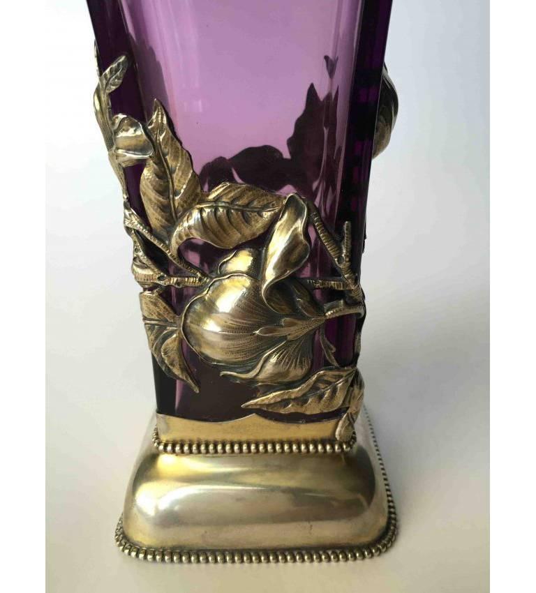 Art Nouveau Lovely Purple Glass Vase with Sterling Frame, circa 1900