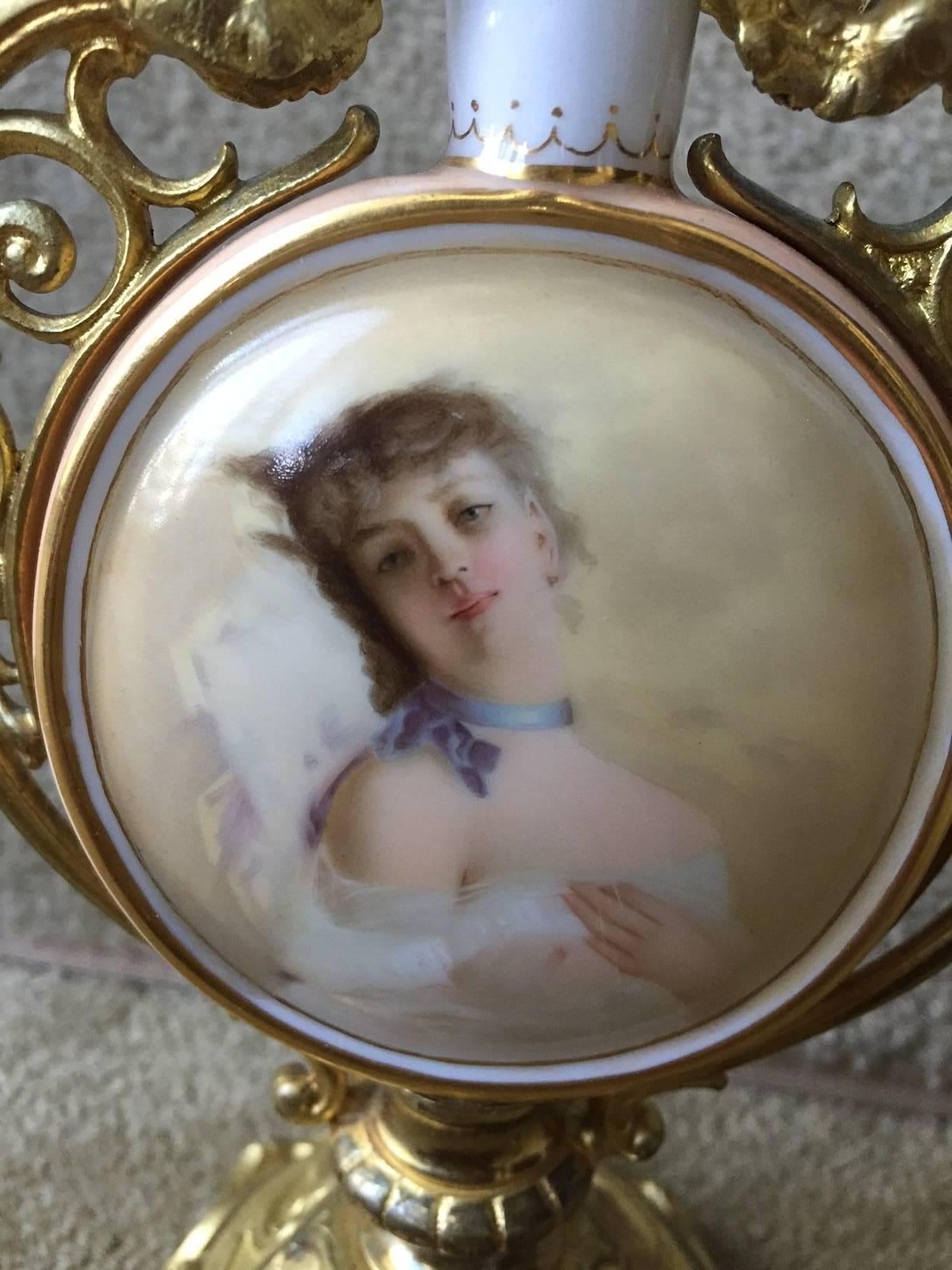 Dresden Hand-Painted Portrait Vase with Gilt Bronze Figural Mounts, circa 1900 In Excellent Condition For Sale In Redding, CA