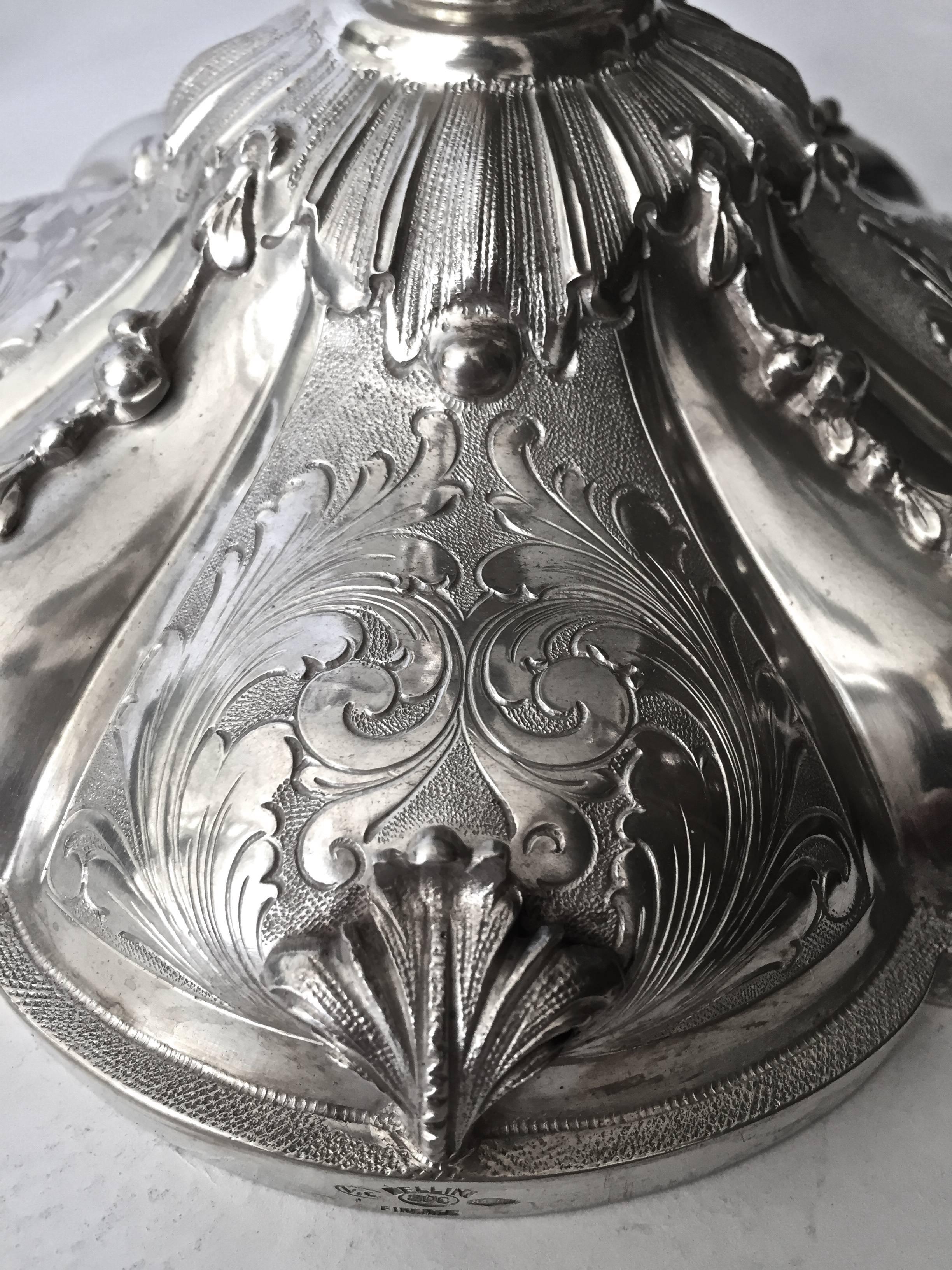 Appliqué Beautiful Italian 800. Fine Silver Figural Candelabra, circa 1940 Signed Bilini For Sale