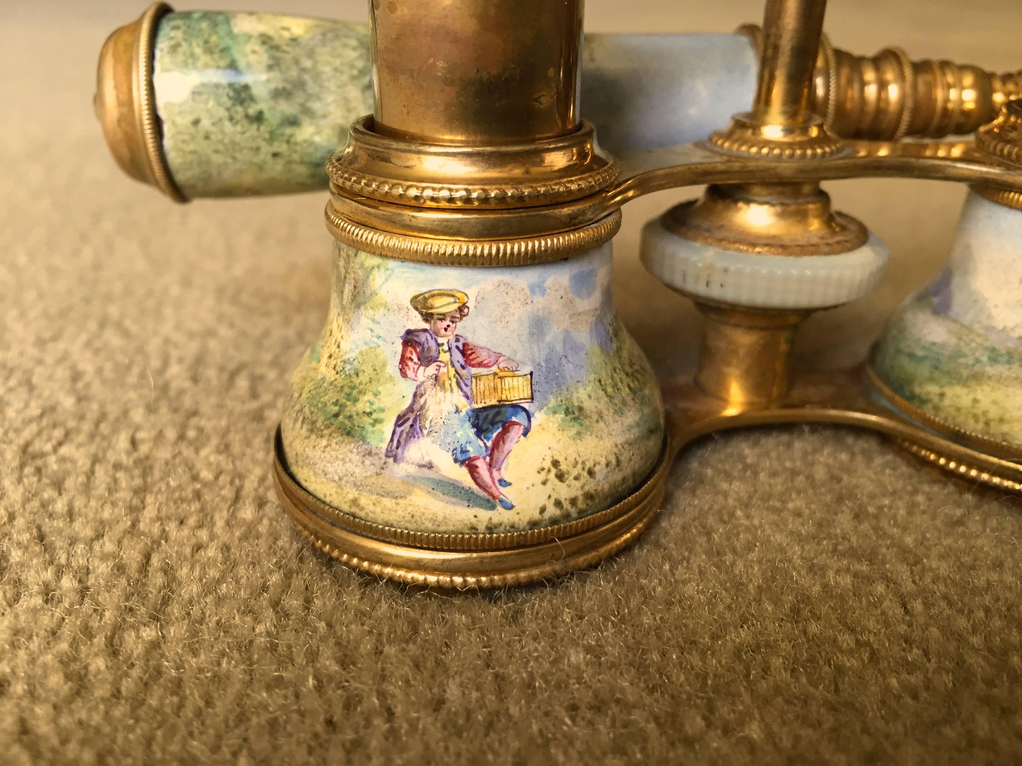 Late 19th Century French Enamel Opera Glasses Courtship Scenes Hand-Painted, circa 1880, Paris For Sale