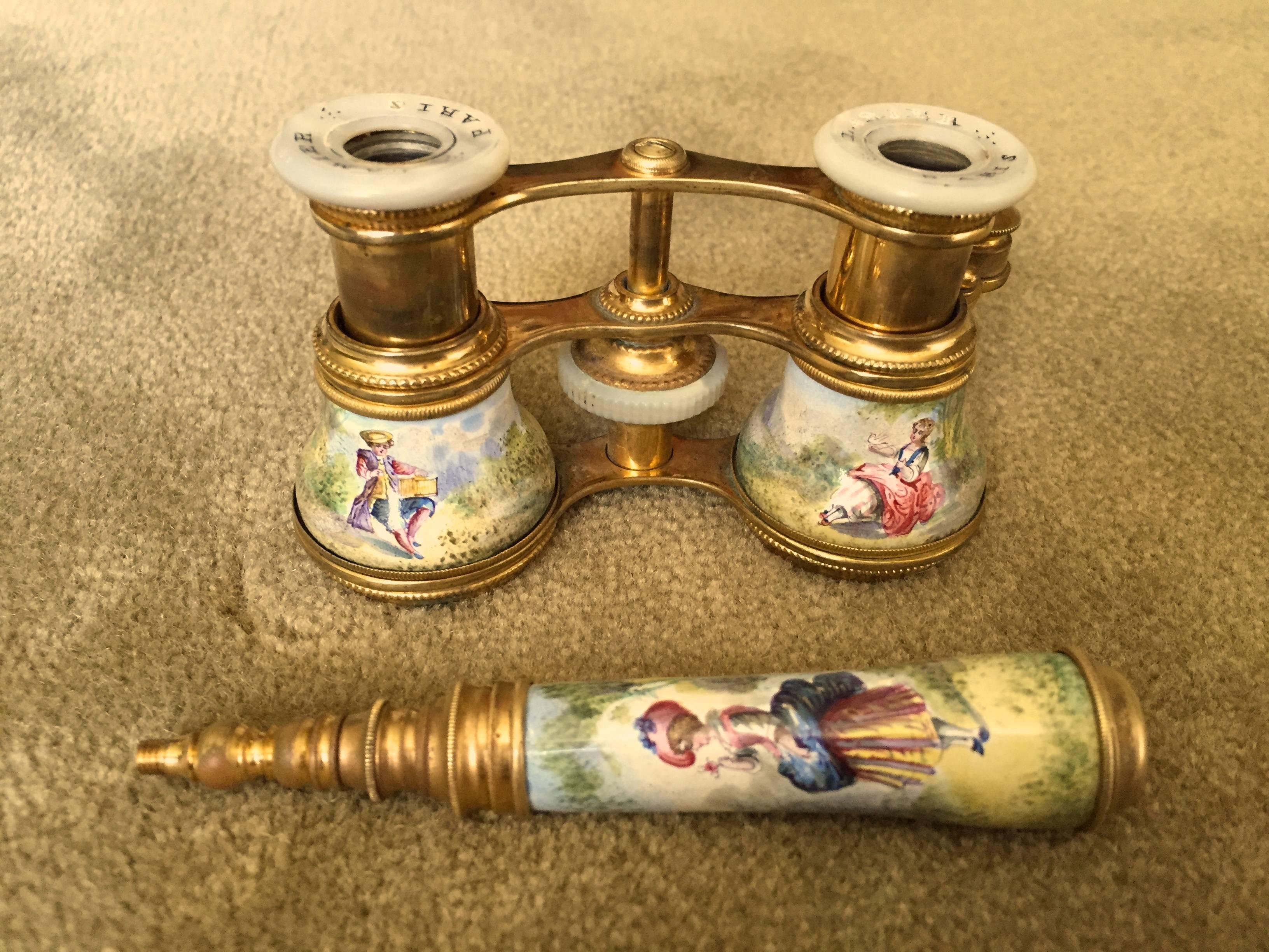 Brass French Enamel Opera Glasses Courtship Scenes Hand-Painted, circa 1880, Paris For Sale