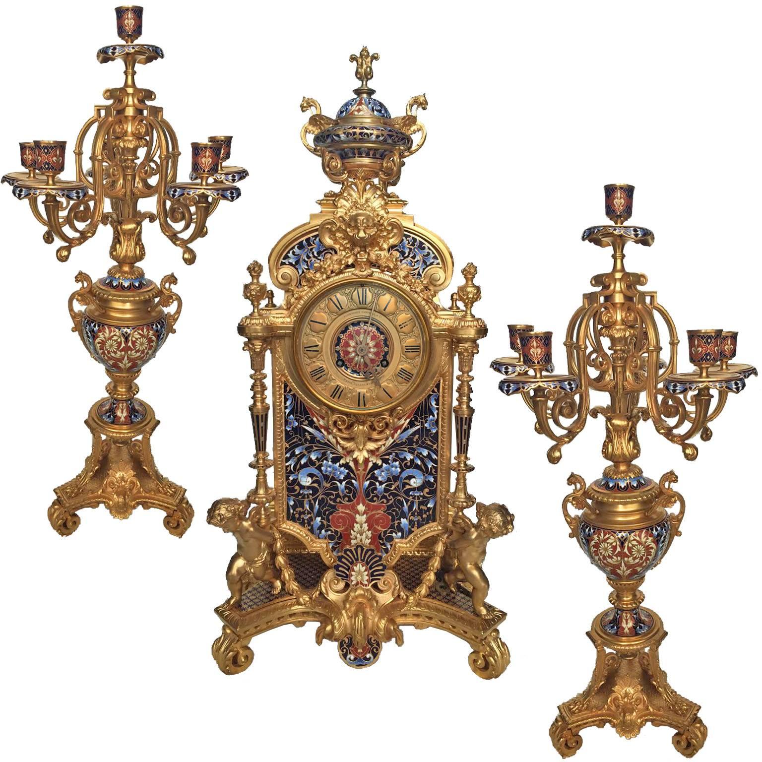 Large French Champlevé Enamel Gilt Bronze Clock Set, Late 19th Century For Sale