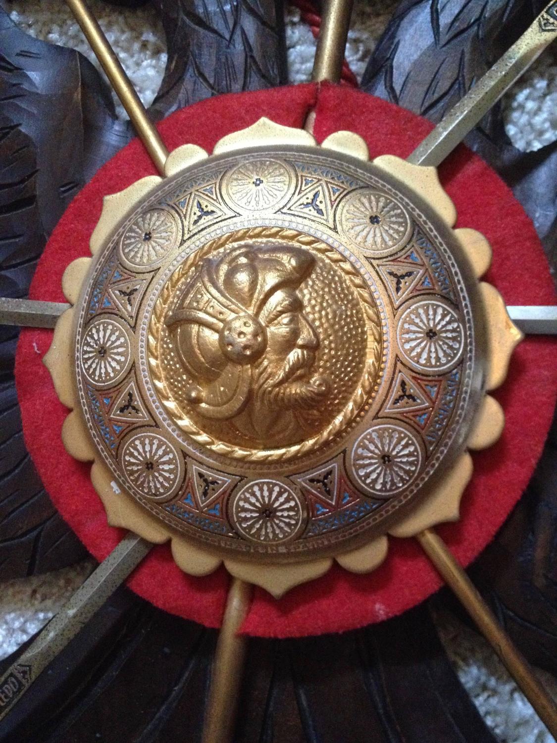 Wood Plaque Centerpiece : Vintage spanish sword stand carved wood plaque enameled