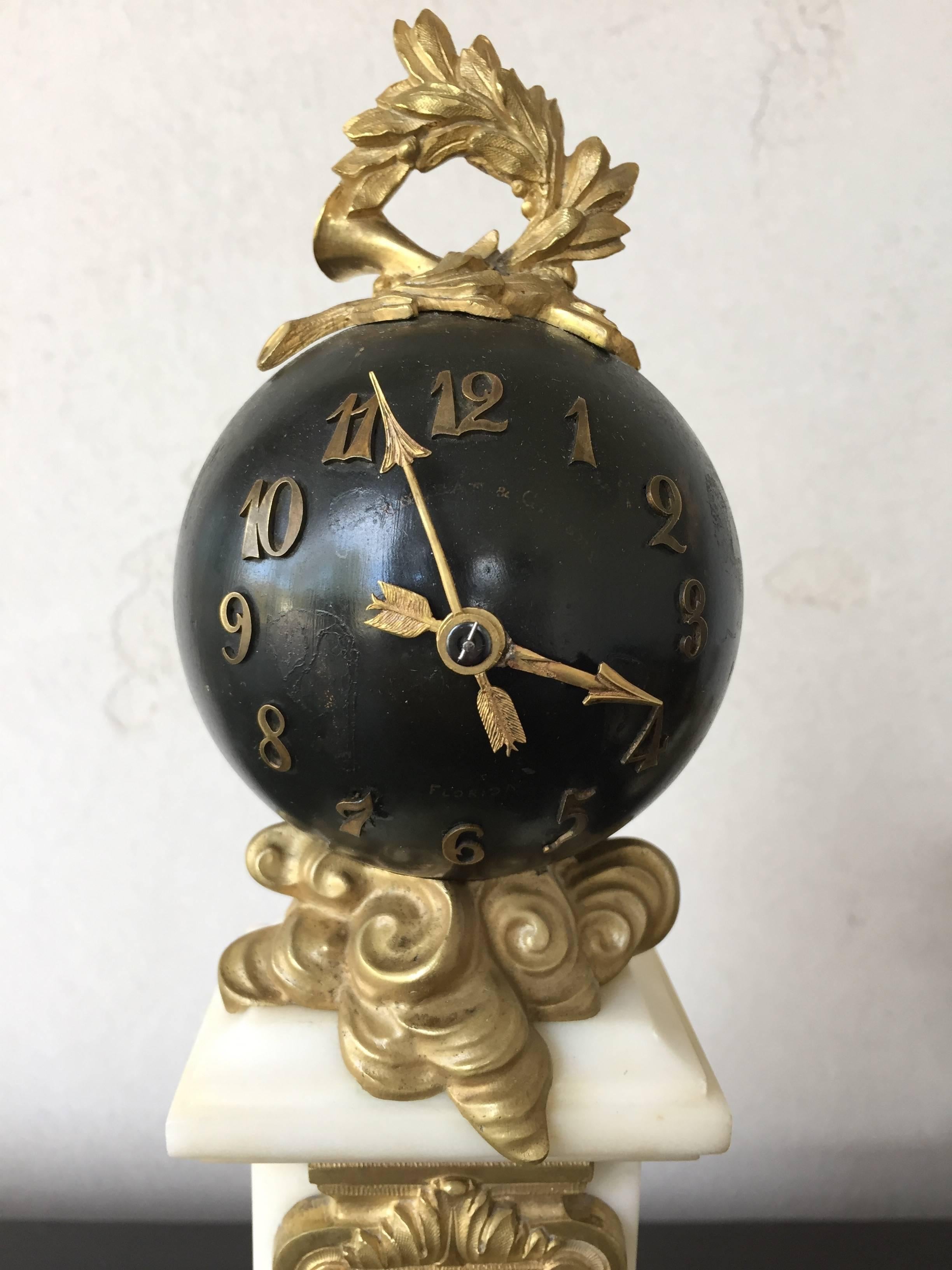 Art Nouveau French Figural Clock Set Carrera Marble and Gilt Bronze Diminutive, circa 1900 For Sale