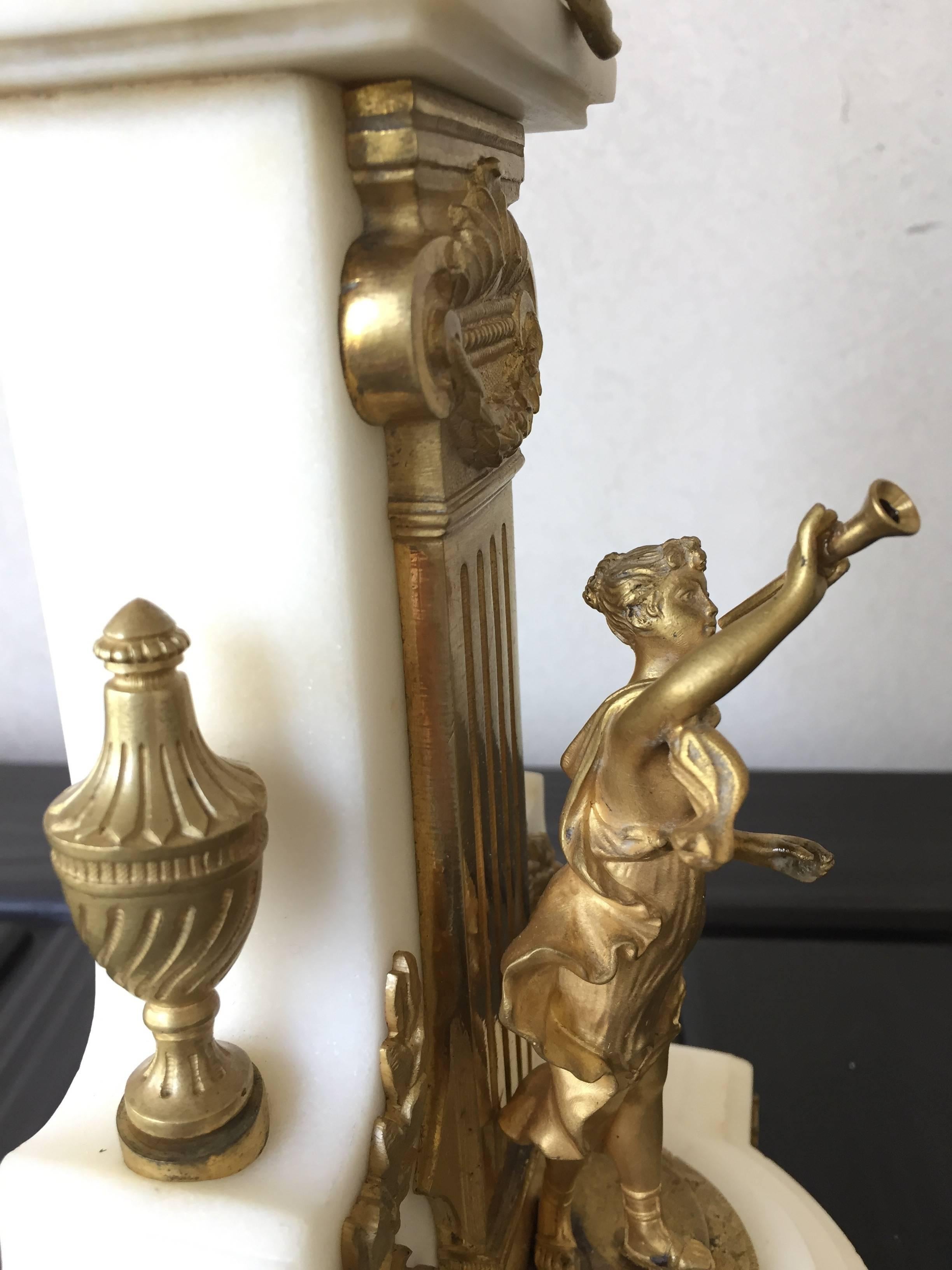 Early 20th Century French Figural Clock Set Carrera Marble and Gilt Bronze Diminutive, circa 1900 For Sale
