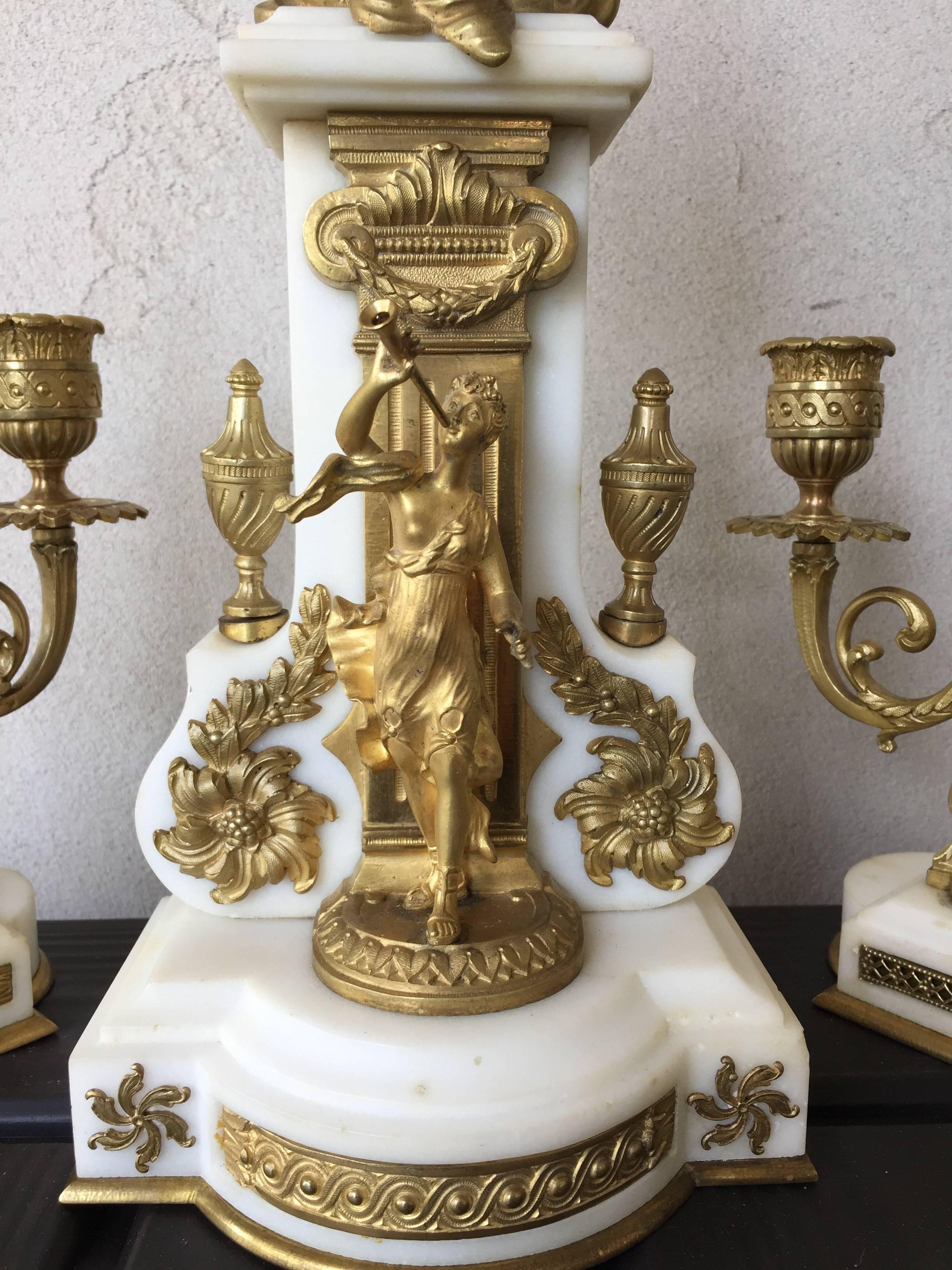 French Figural Clock Set Carrera Marble and Gilt Bronze Diminutive, circa 1900 For Sale 1