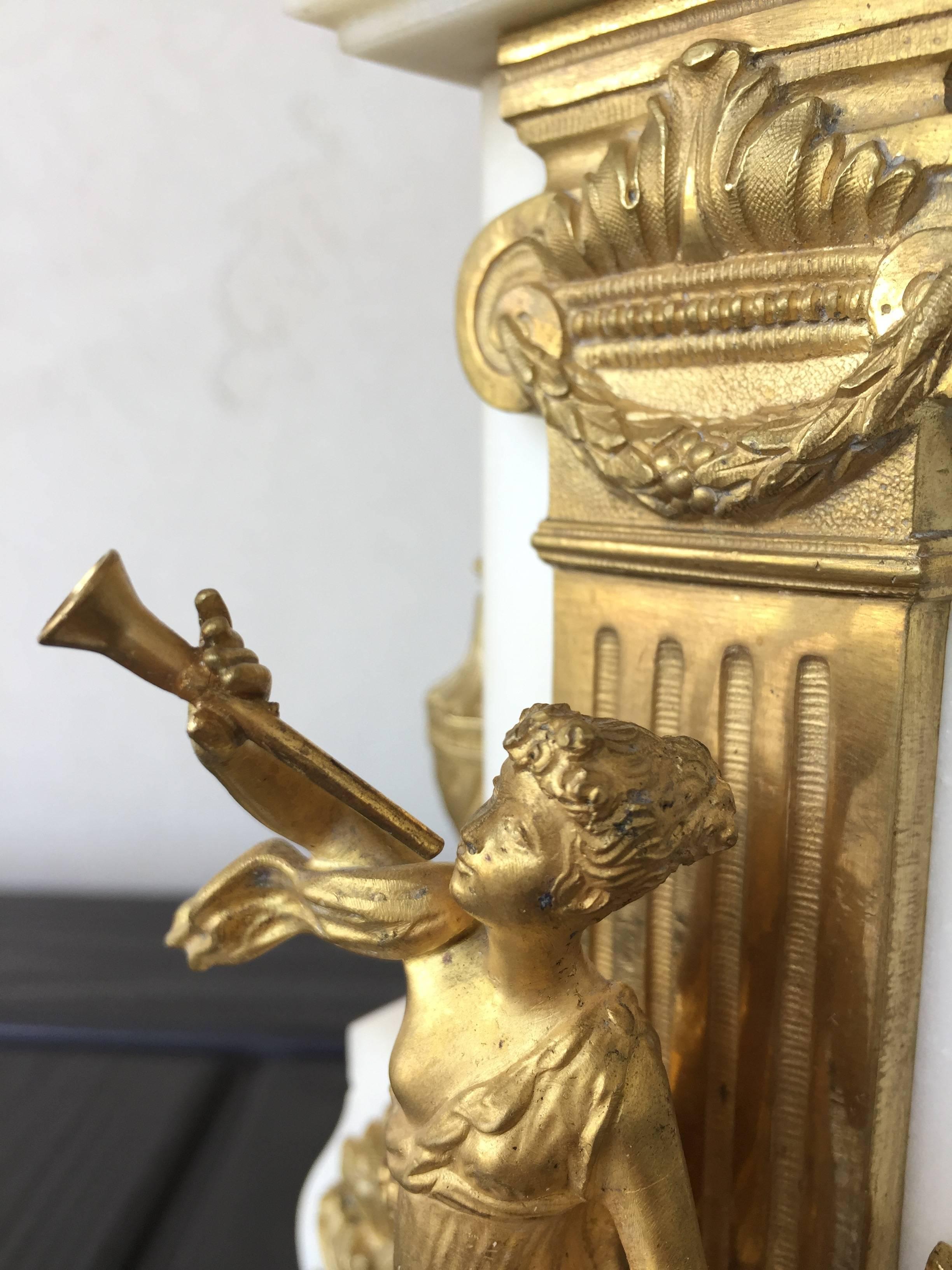 French Figural Clock Set Carrera Marble and Gilt Bronze Diminutive, circa 1900 For Sale 4