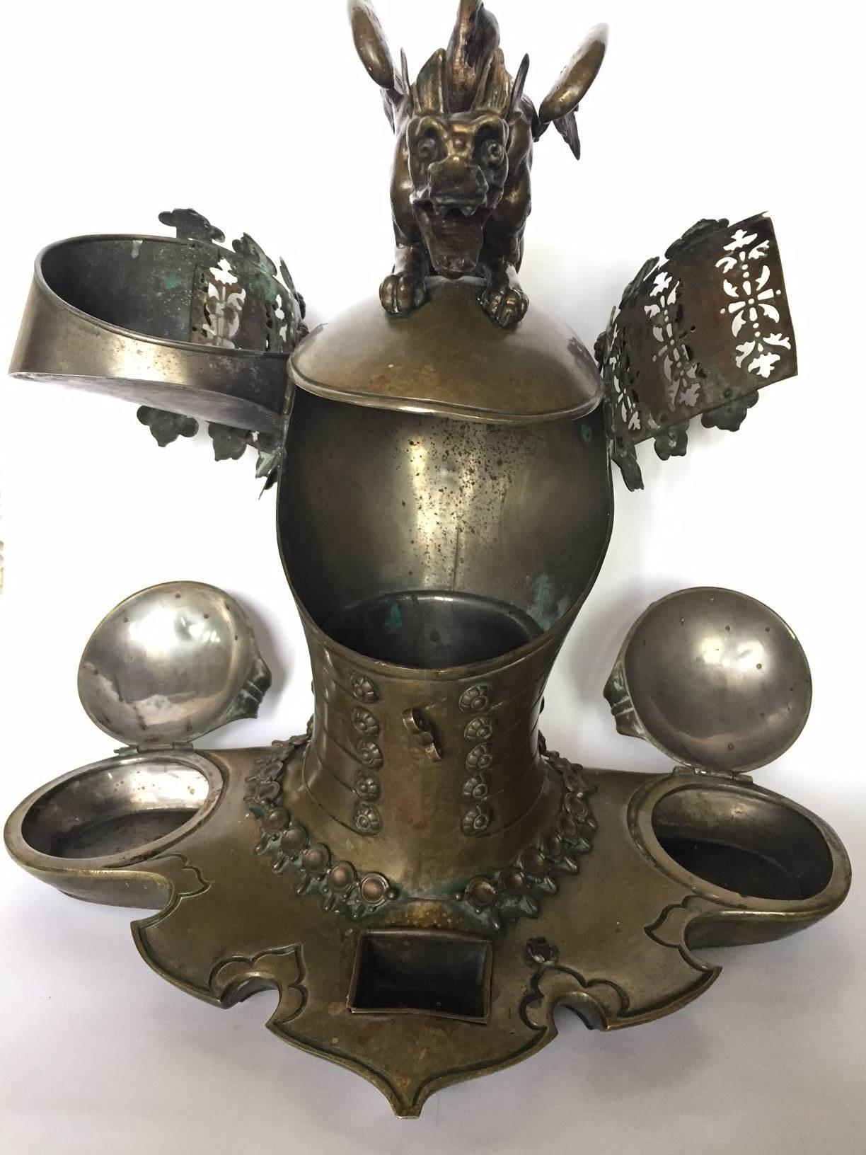 Gilt French Bronze Knights Helmet Form Cigar Stand 19th Century 