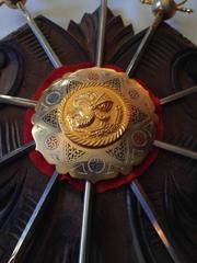 Vintage Spanish Sword Stand Carved Wood Coat of Arms Plaque, circa 1940s