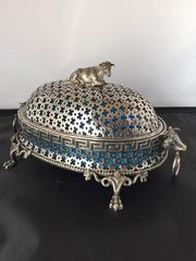 French 19th Century Silver Plated Pierced Dome Butter Dish "Cow Finial"