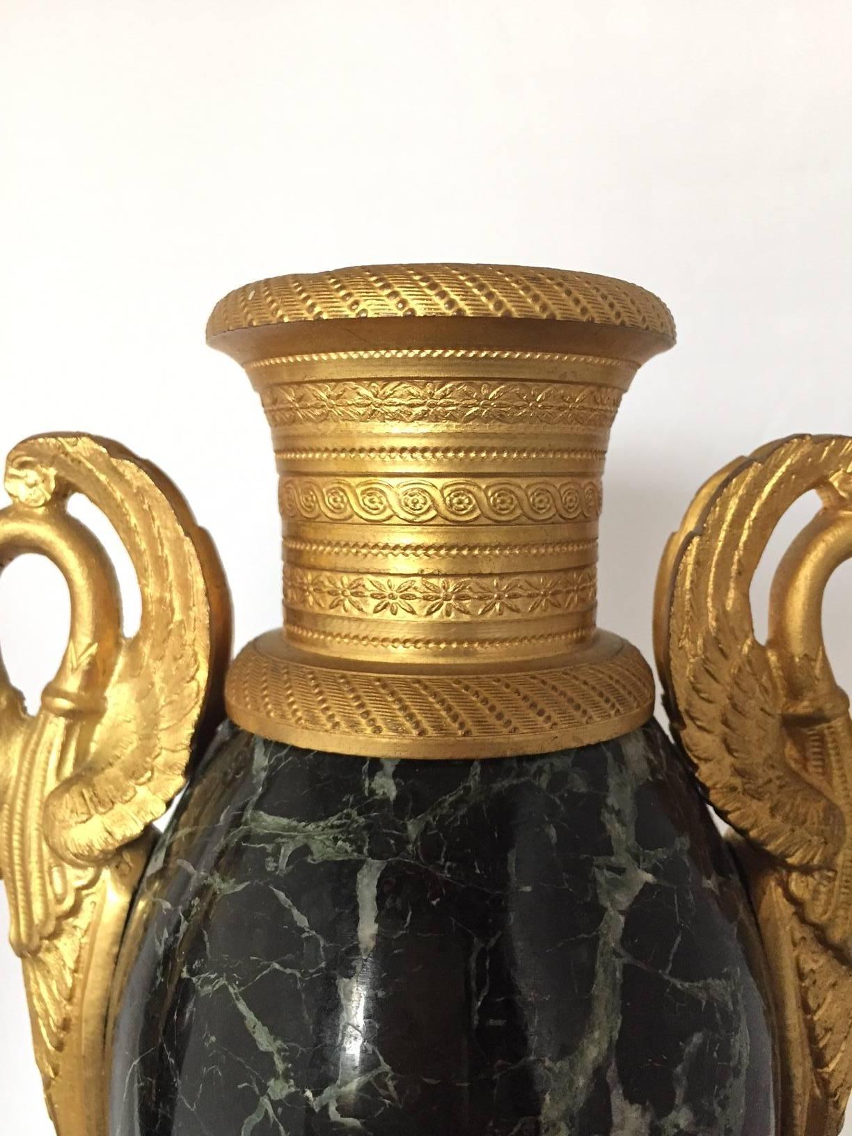 Mid-19th Century Napoleon III Empire Marble and Gilt Bronze Urns, circa 1860, Swans For Sale