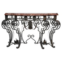 Console en fer forgé de style Louis XIV avec plateau en marbre rouge Fin du 19ème siècle