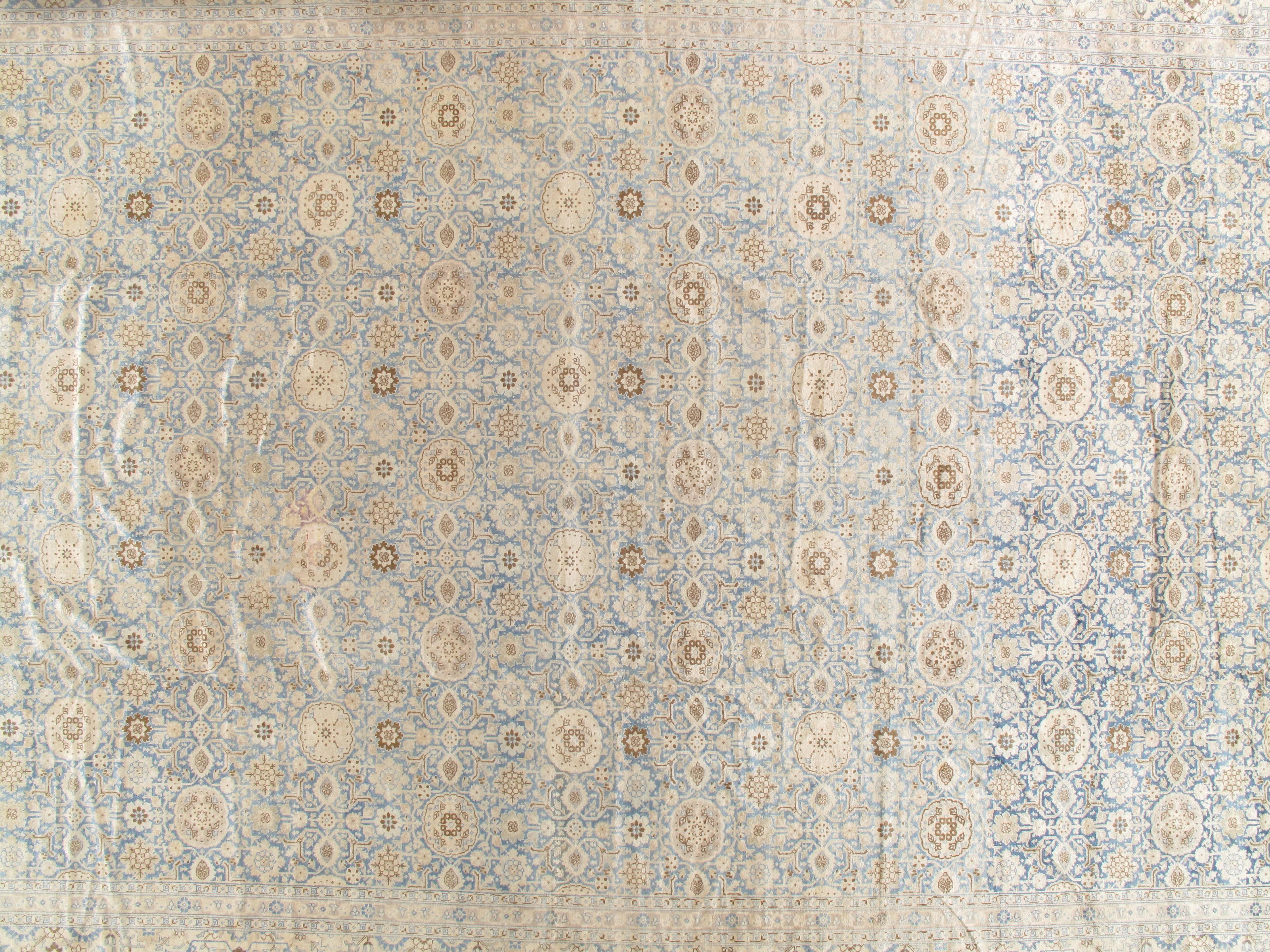 Hand-Knotted Antique Persian Tabriz Carpet, Pale Light Blue and Beige Carpet, Allover design For Sale