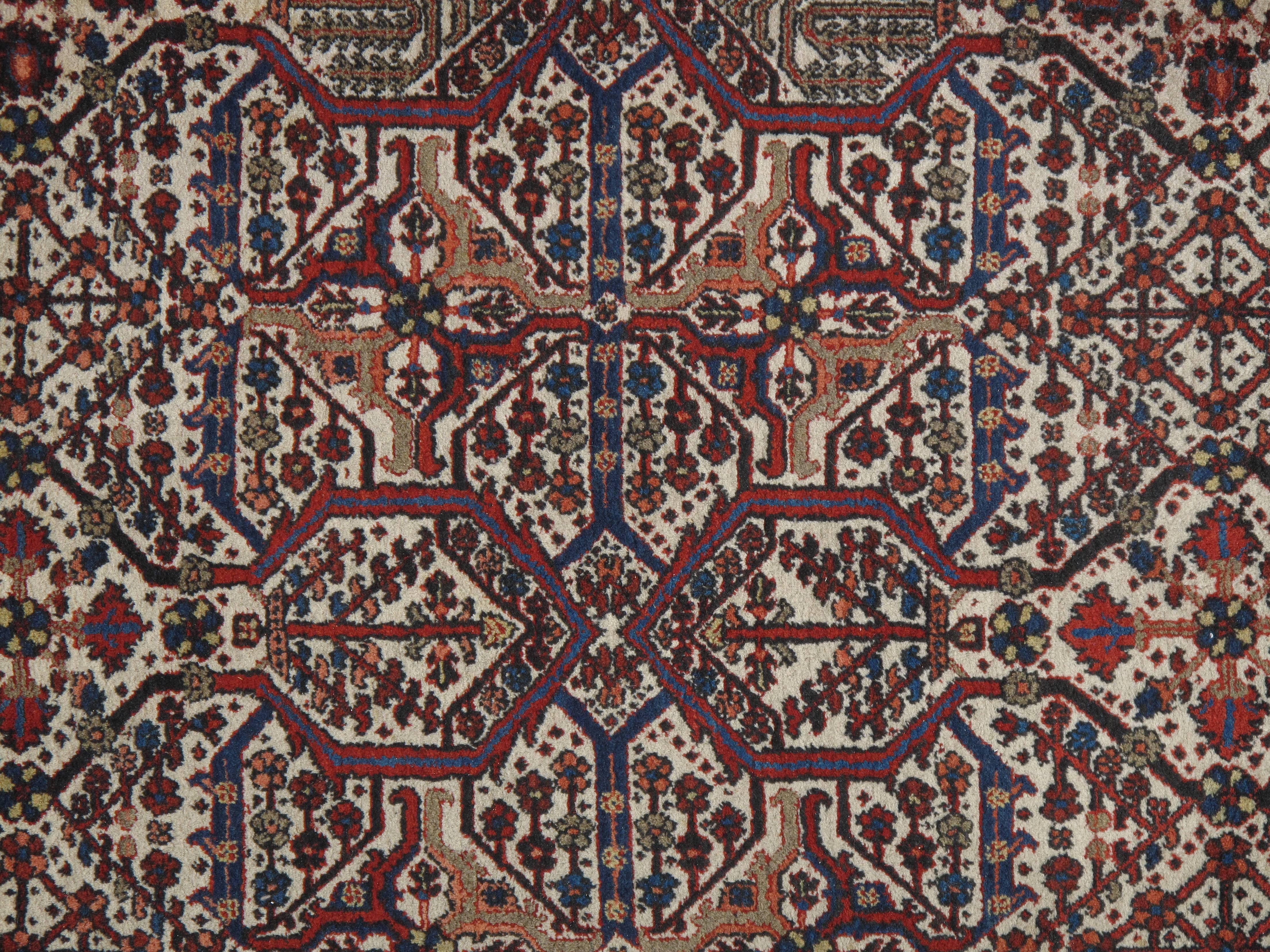 Joshaghan is a town in north central Persia. This weaving center is mostly known for the design of an all-over lozenge pattern each consisting of a geometric floral motif. This Joshaghan Carpet has a fantastic ivory background on a red border.