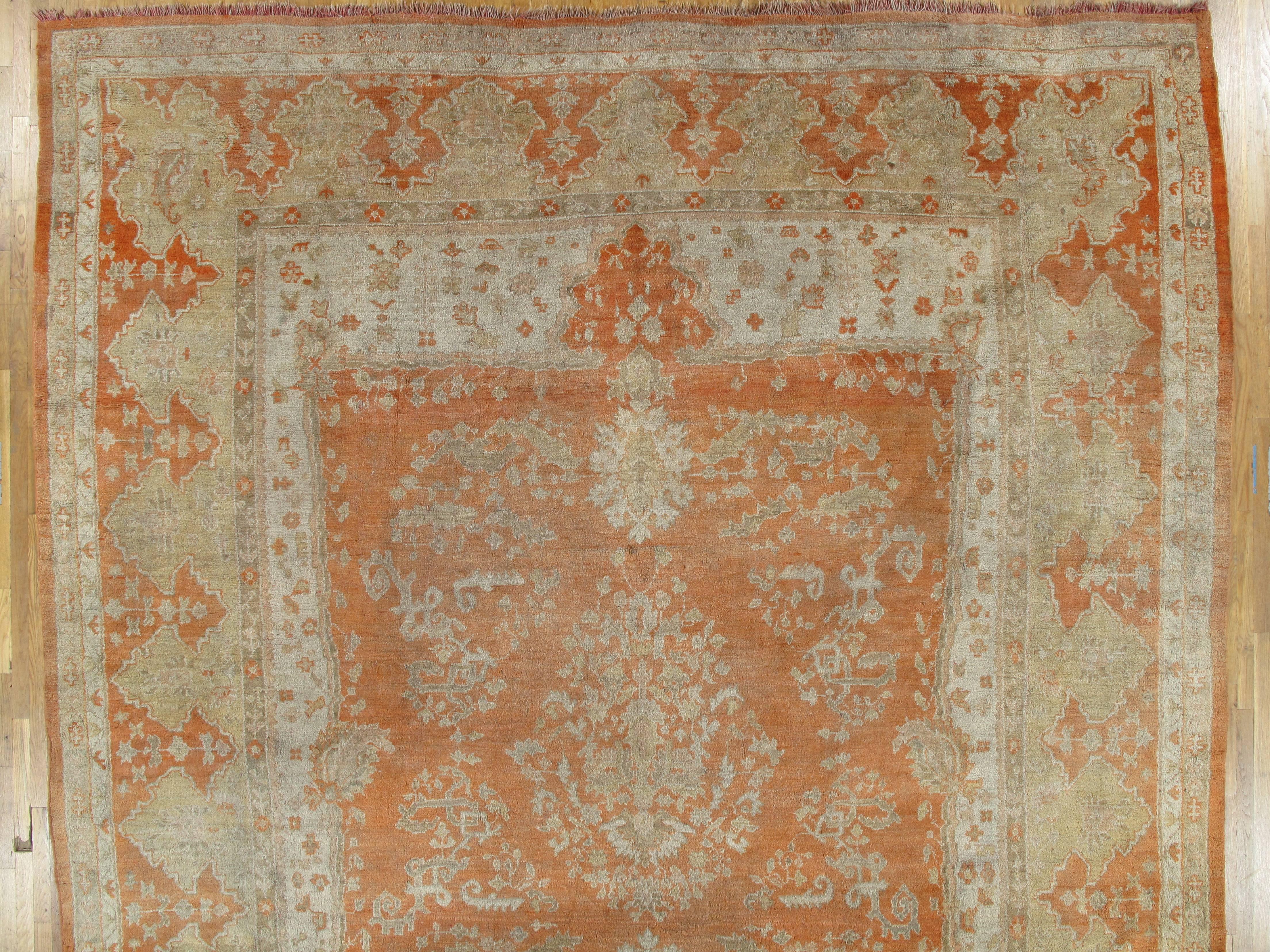 Hand-Knotted Antique Oushak Carpet, Turkish Rugs, Handmade Oriental Rugs, Ivory Coral Taupe