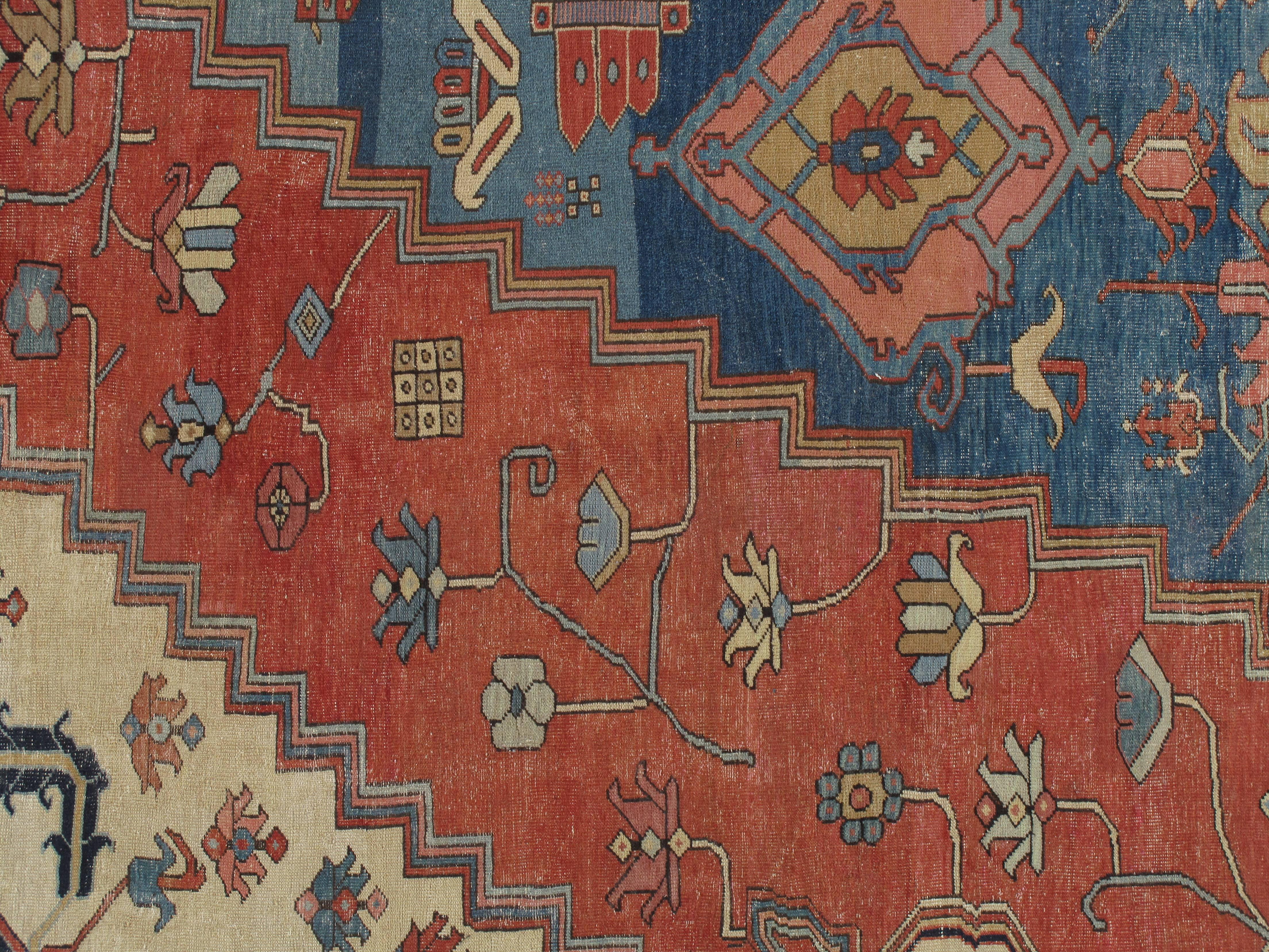 Hand-Knotted Antique Persian Serapi Carpet, Handmade Wool Oriental Rug, Ivory and Light Blue