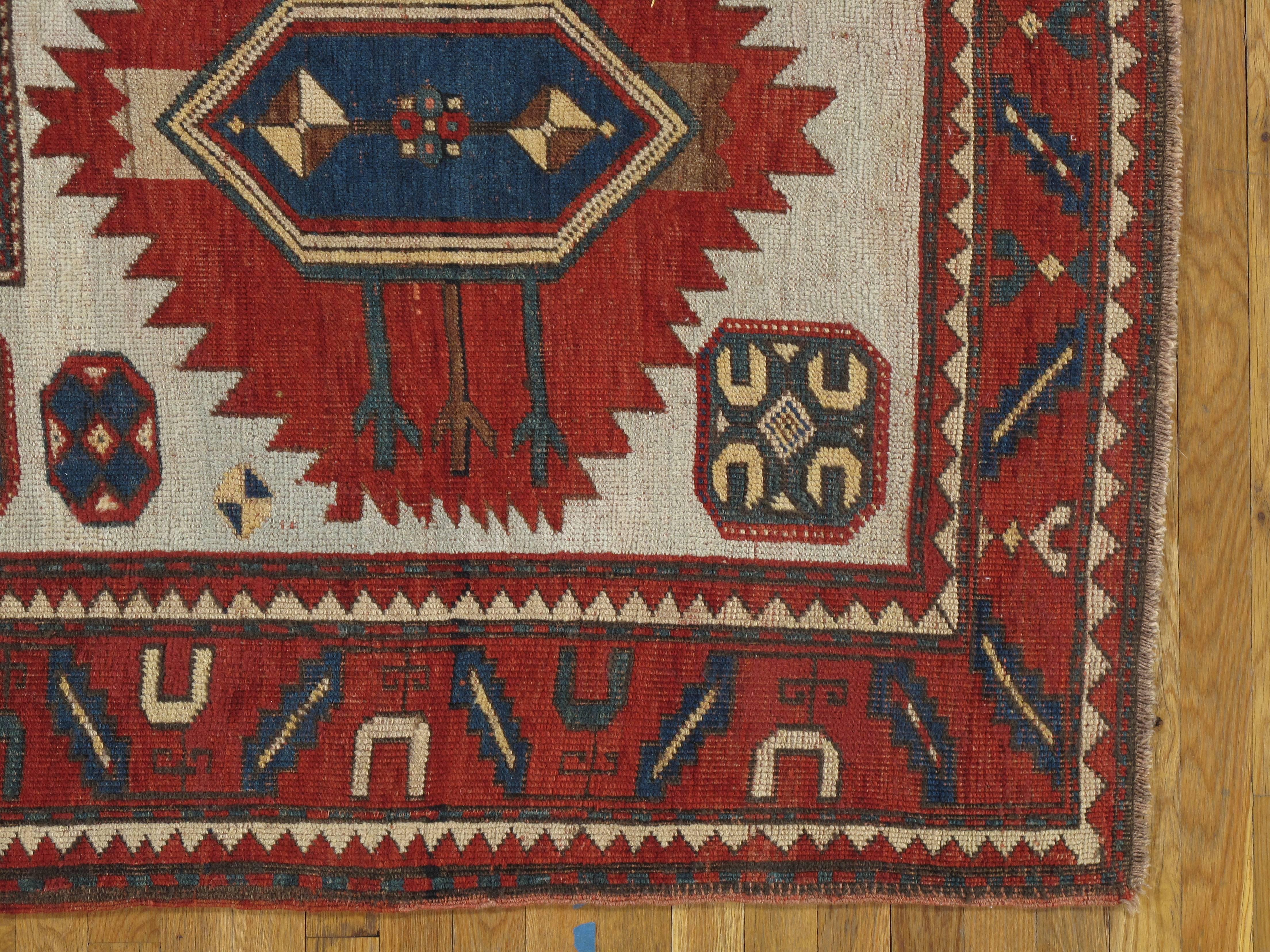 Antique Karachov Kazak Carpet, Handmade Wool, Pale Blue, Rust, Ivory, Geometric For Sale 2