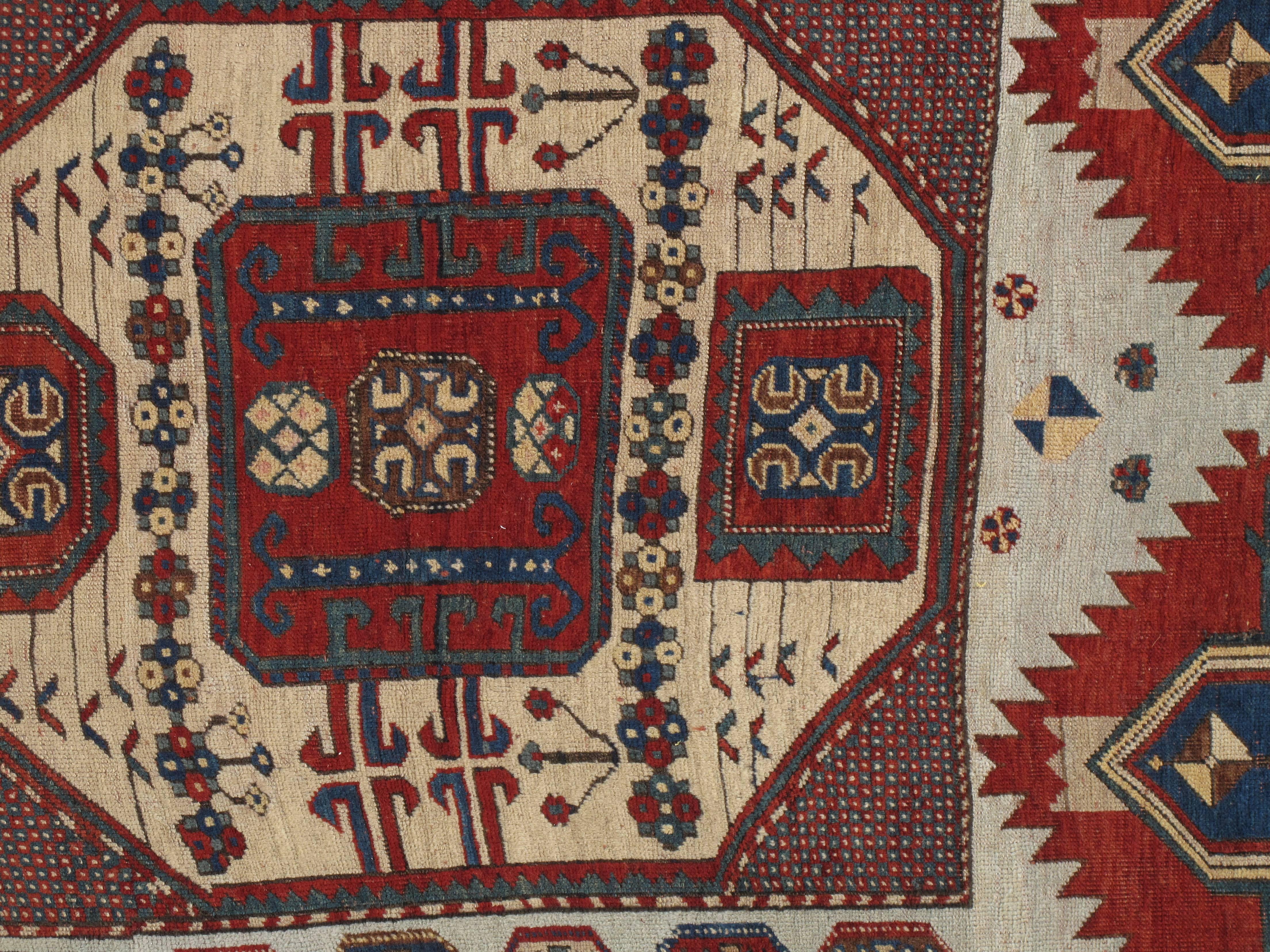 Antique Karachov Kazak Carpet, Handmade Wool, Pale Blue, Rust, Ivory, Geometric For Sale 3