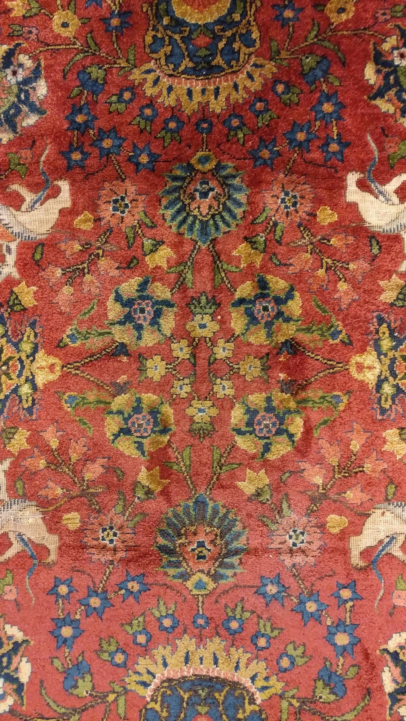 Antique Silk Turkish Rug, Handmade Oriental Rug, Red and Blue, Fine Silk Rugs 1