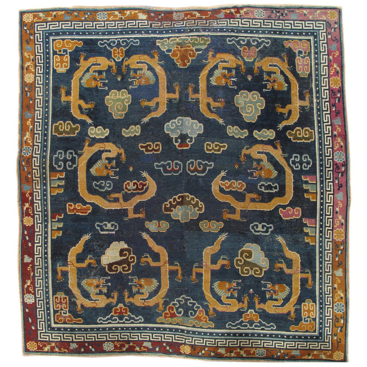 Antique Tibetan Carpet, Circa 1880 Handmade Oriental Rug, Blue, Gold, Tan, Cream