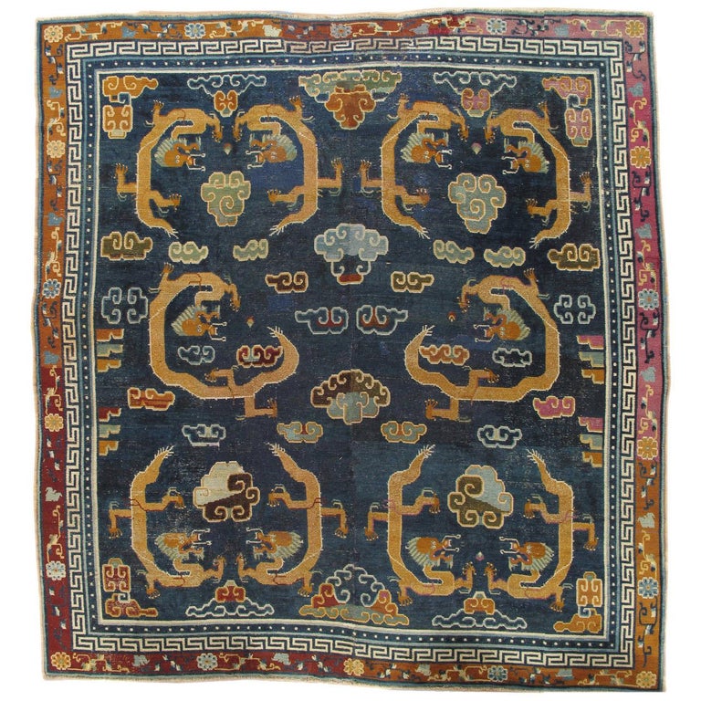 Antique Tibetan Carpet, Circa 1880 Handmade Oriental Rug, Blue, Gold, Tan,  Cream at 1stDibs