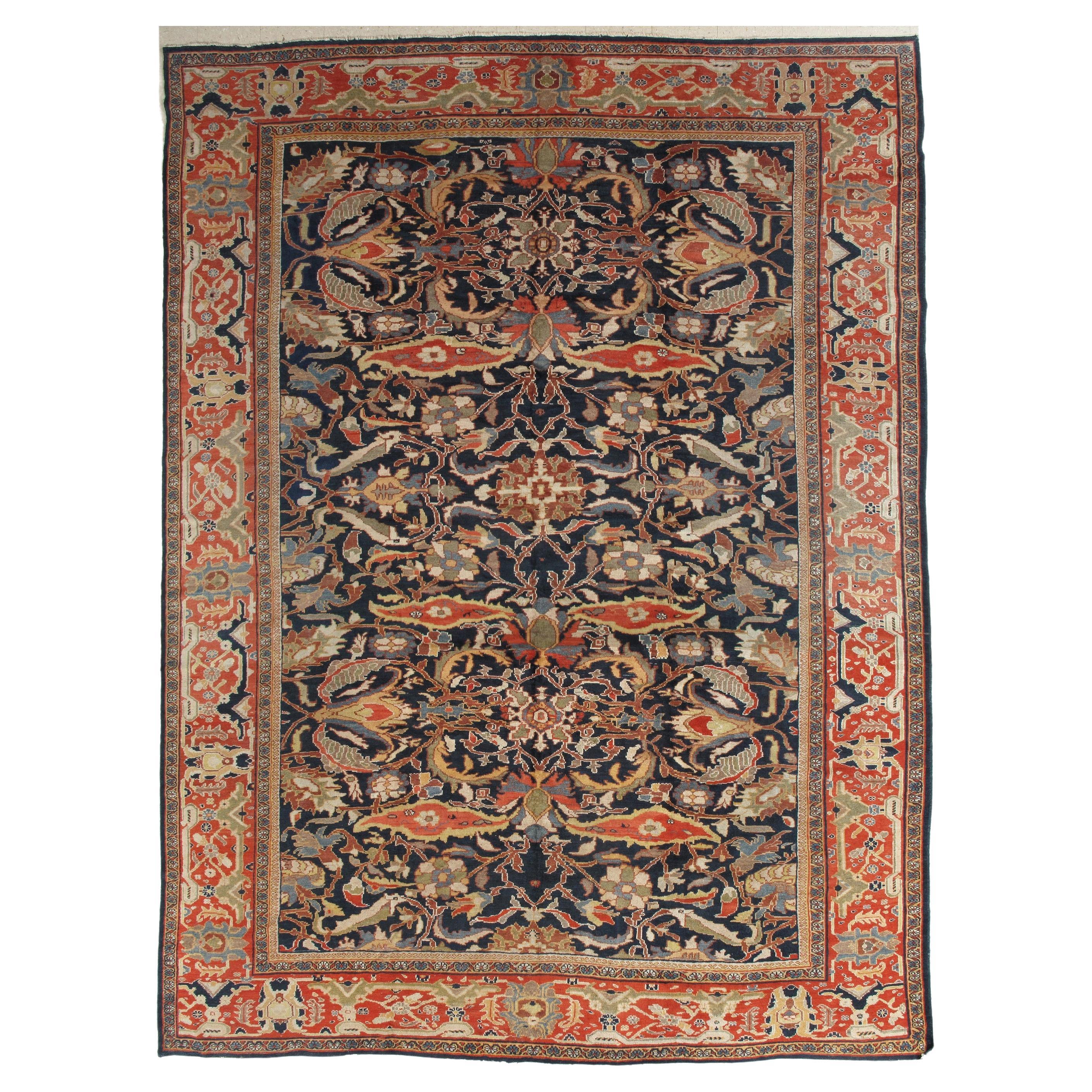 Antique Persian Sultanabad Carpet, Handmade Oriental Rug, Navy Blue, Rust, Gold For Sale
