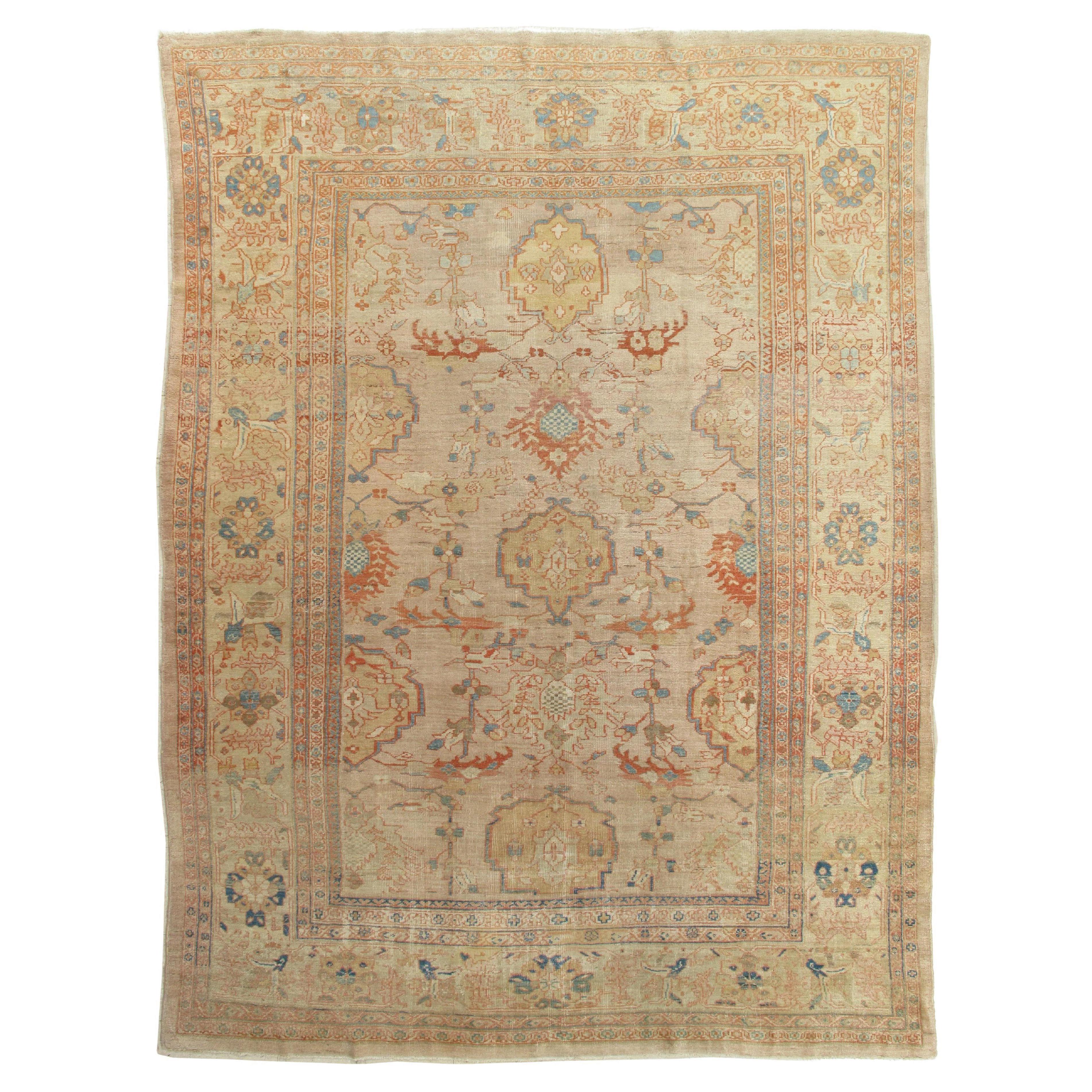 Tapis persan ancien de Sultanabad, laine ivoire, bleu clair, tapis oriental noué à la main