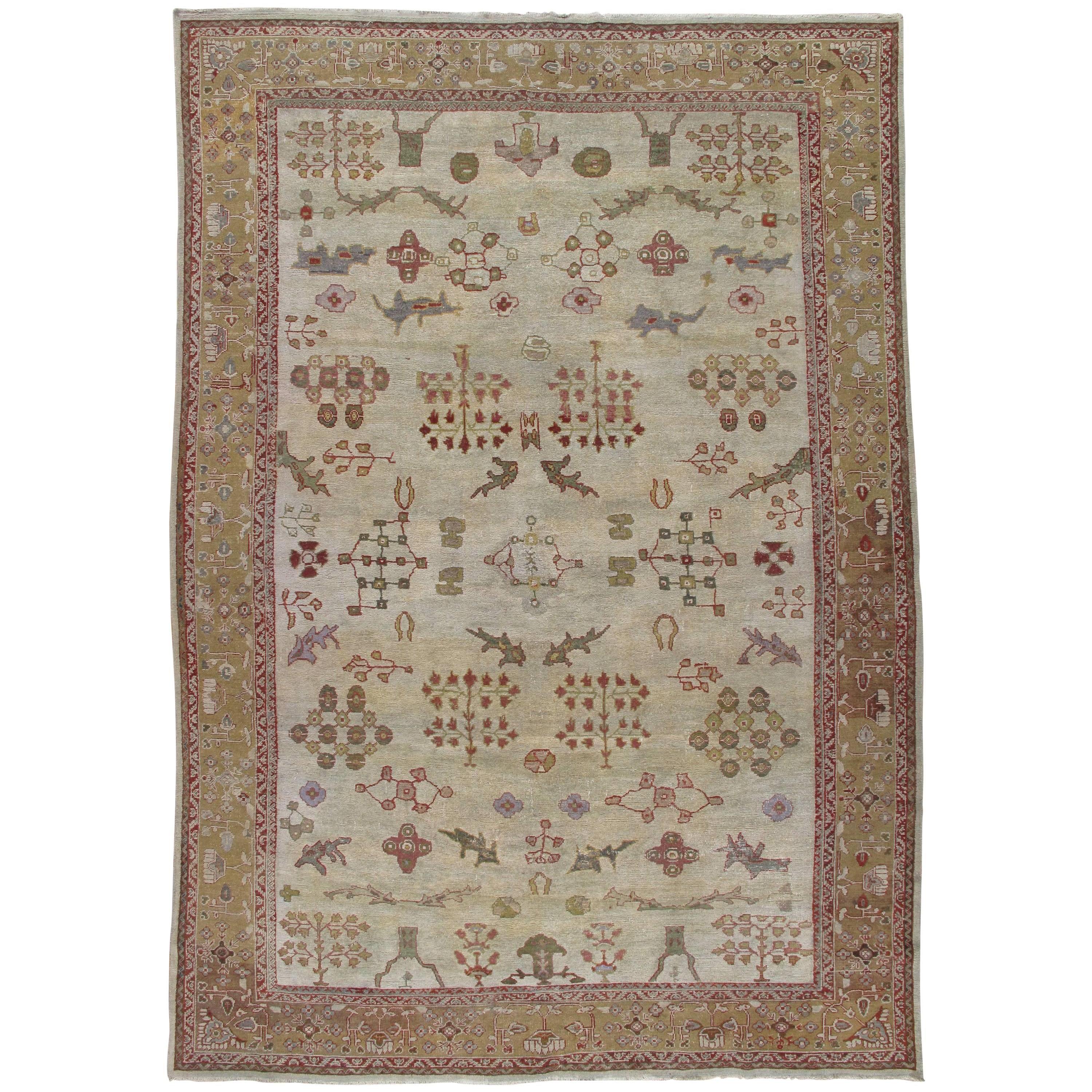 Antique Persian Sultanabad Carpet, Handmade Oriental Rug, Ivory, Gold, Green For Sale
