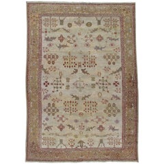 Tapis persan ancien Sultanabad, tapis oriental fait à la main, ivoire, or, vert