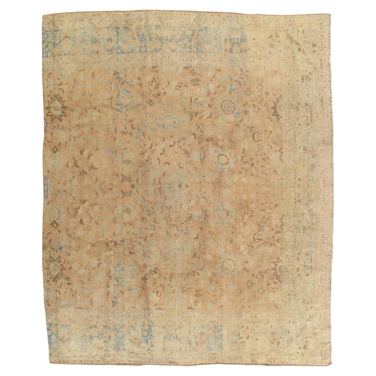 Antique Tabriz Carpet, Handmade Persian Rug in Floral Gold, Light Blue
