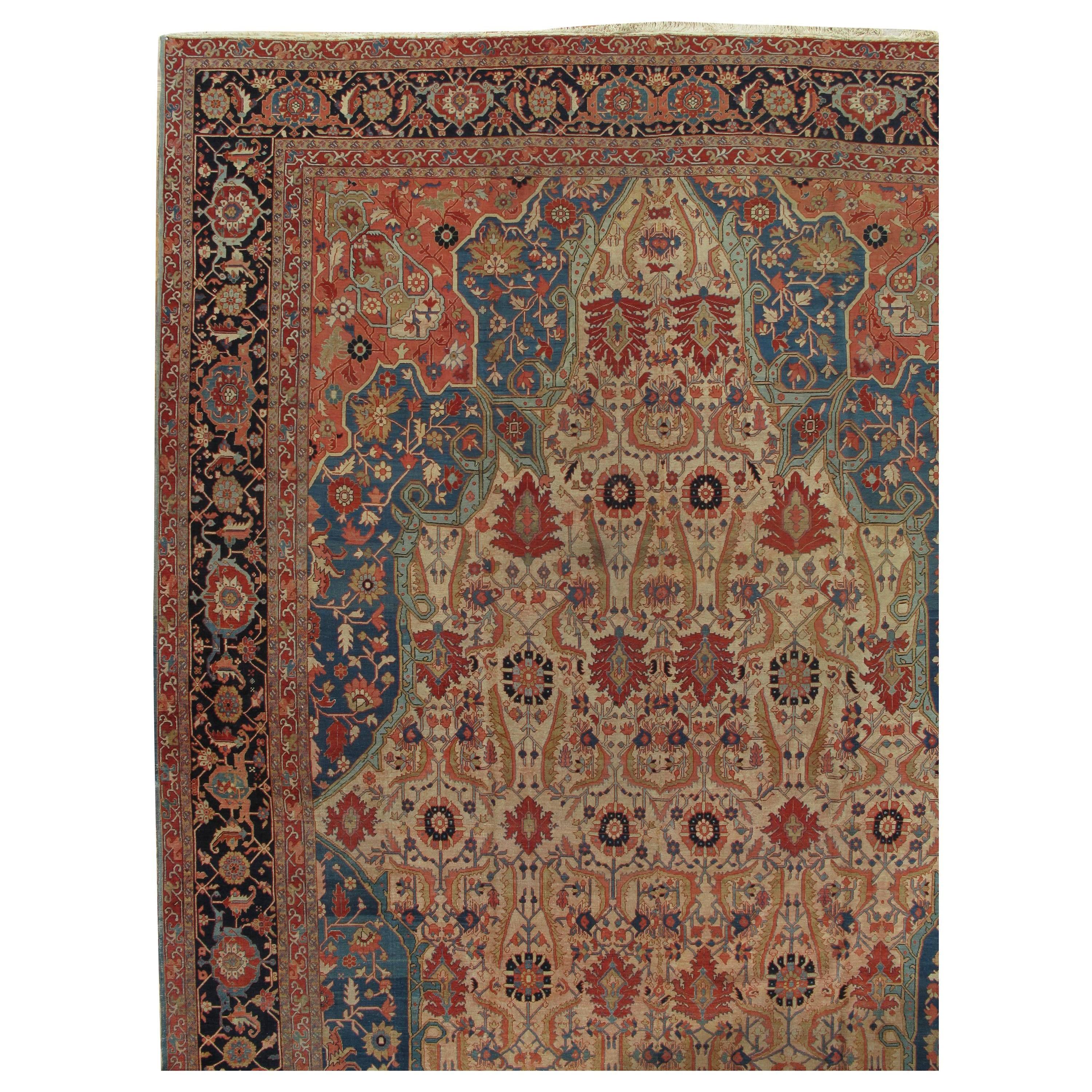 Antique Persian Serapi Carpet, Handmade Wool Oriental Rug, Ivory and Light Blue