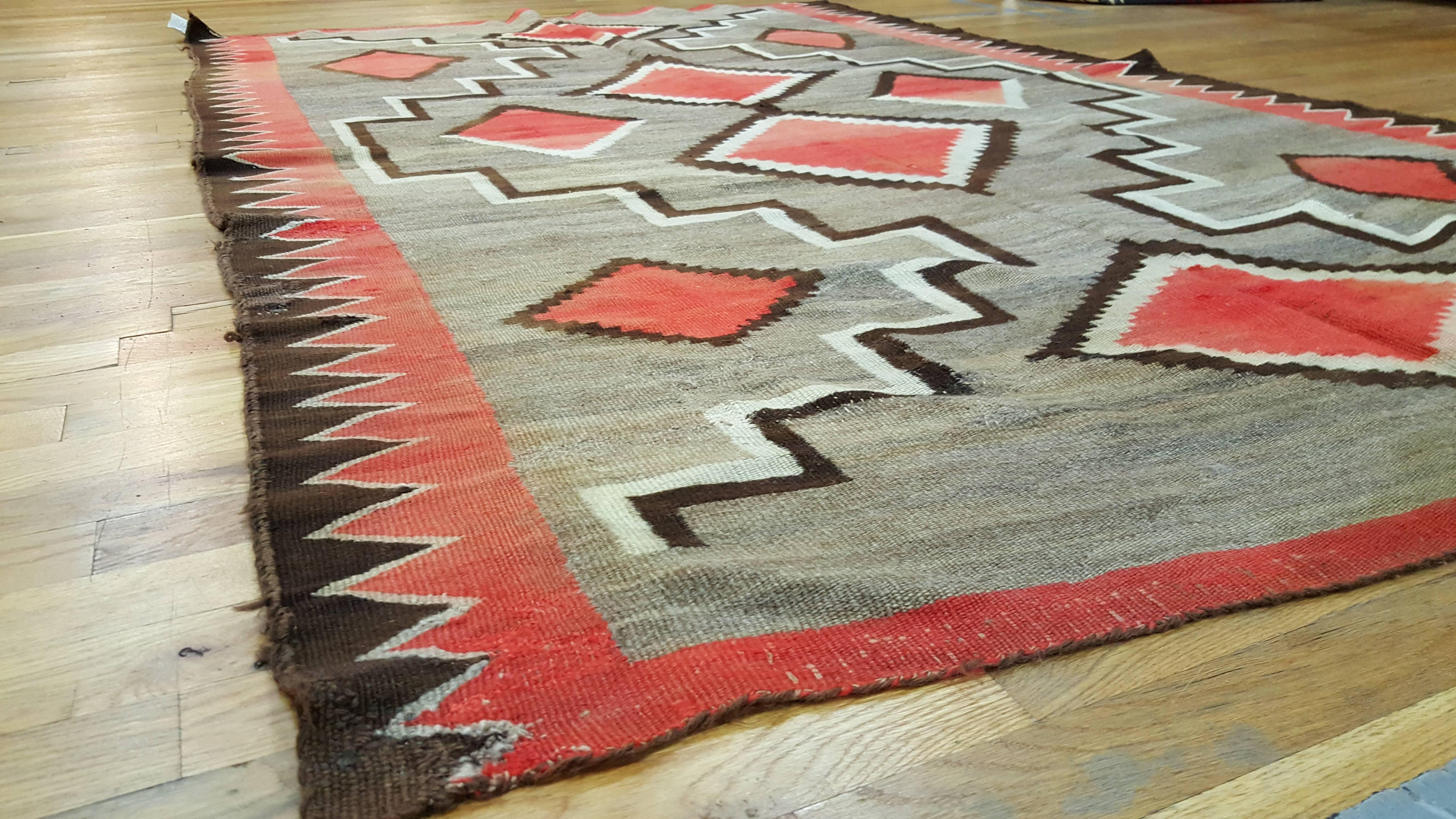 American Antique Navajo Trans Blanket, Oriental Rug, Handmade Wool Rug, Orange, Gray