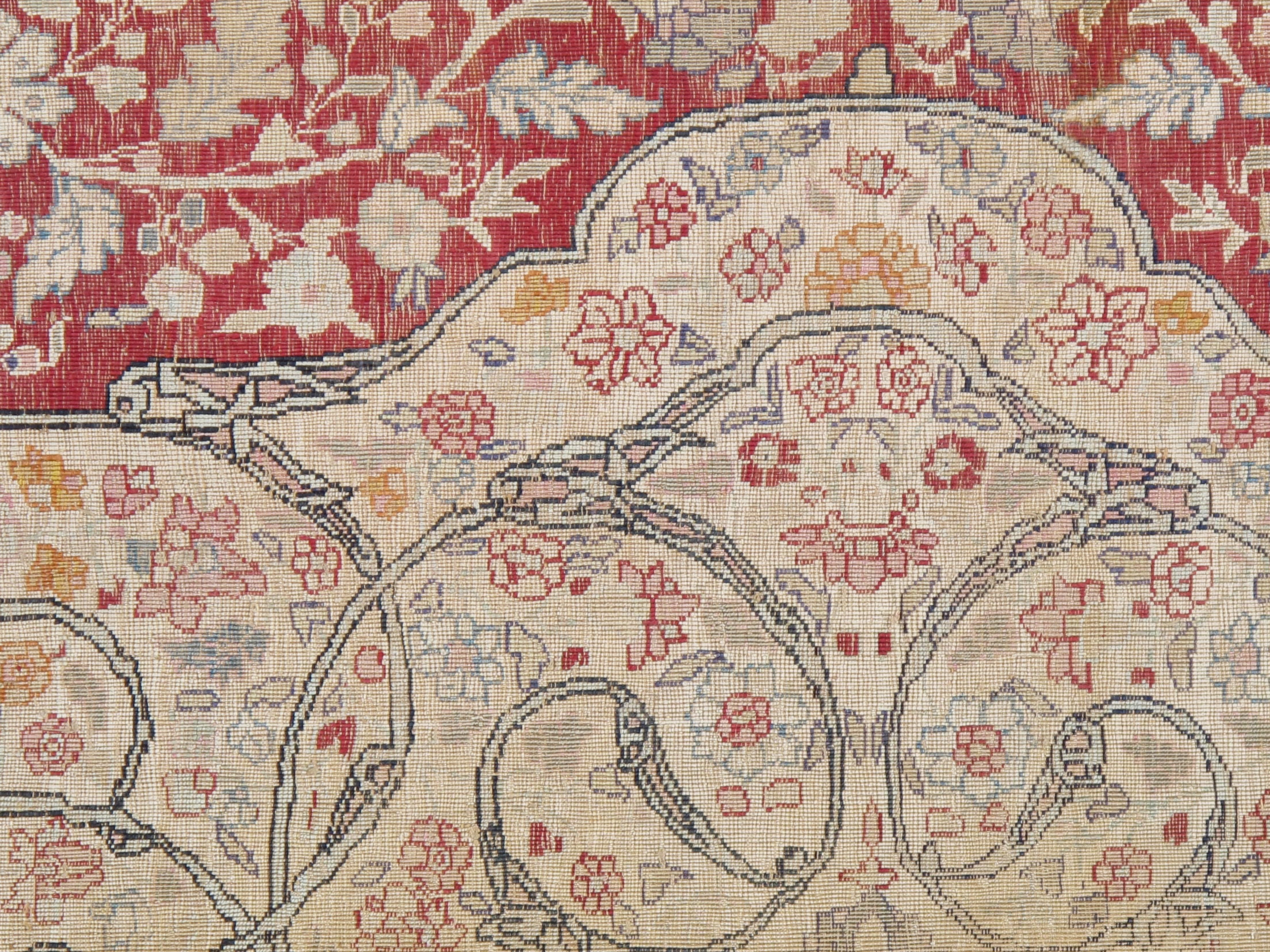 Antiker persischer Seiden-Tabriz-Teppich, Handgefertigter Orientteppich, Rot, Elfenbein, Gold (Handgeknüpft) im Angebot