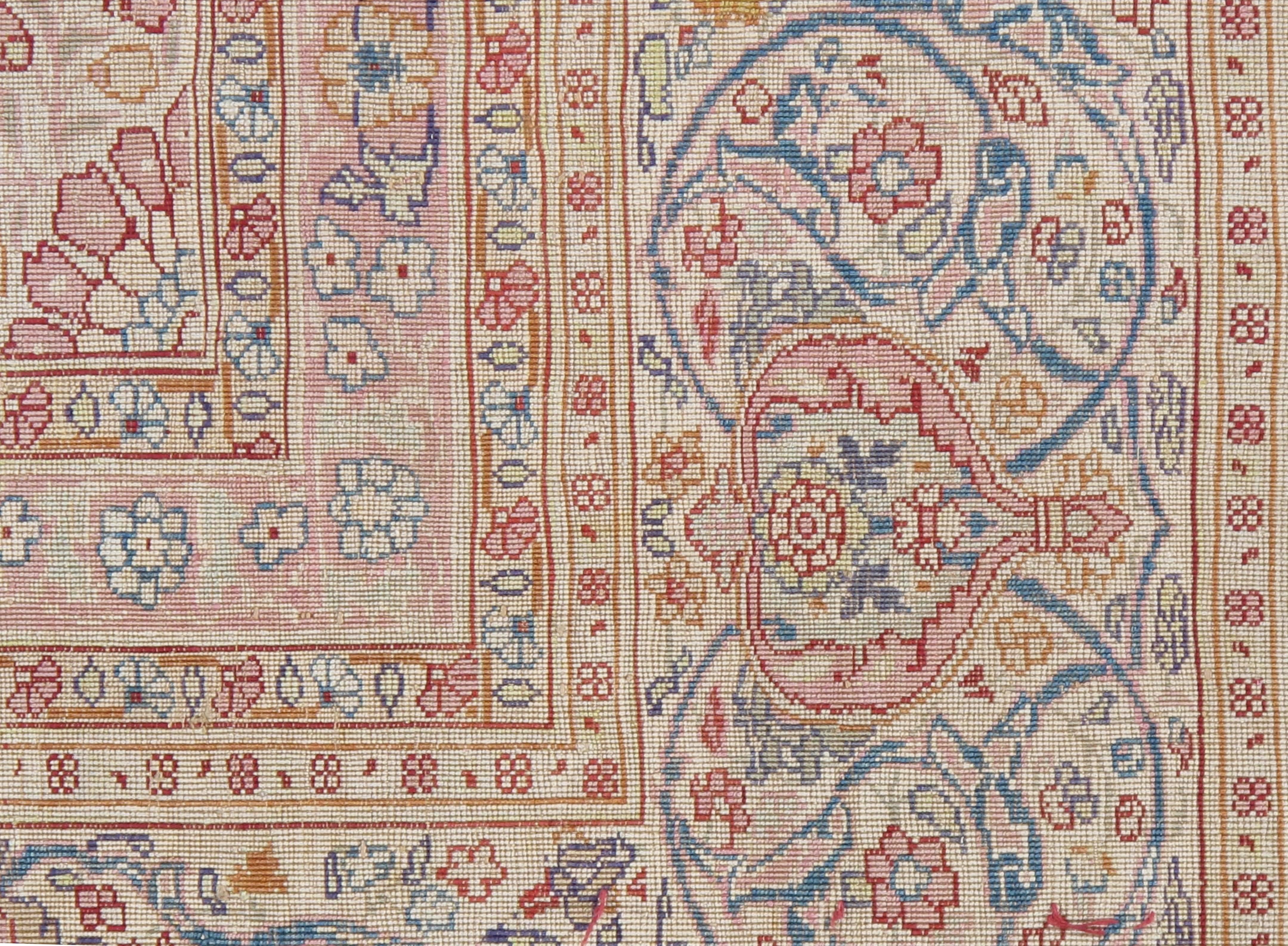 19th Century Antique Persian Silk Tabriz Carpet, Handmade Oriental Rug, Red, Ivory, Gold For Sale