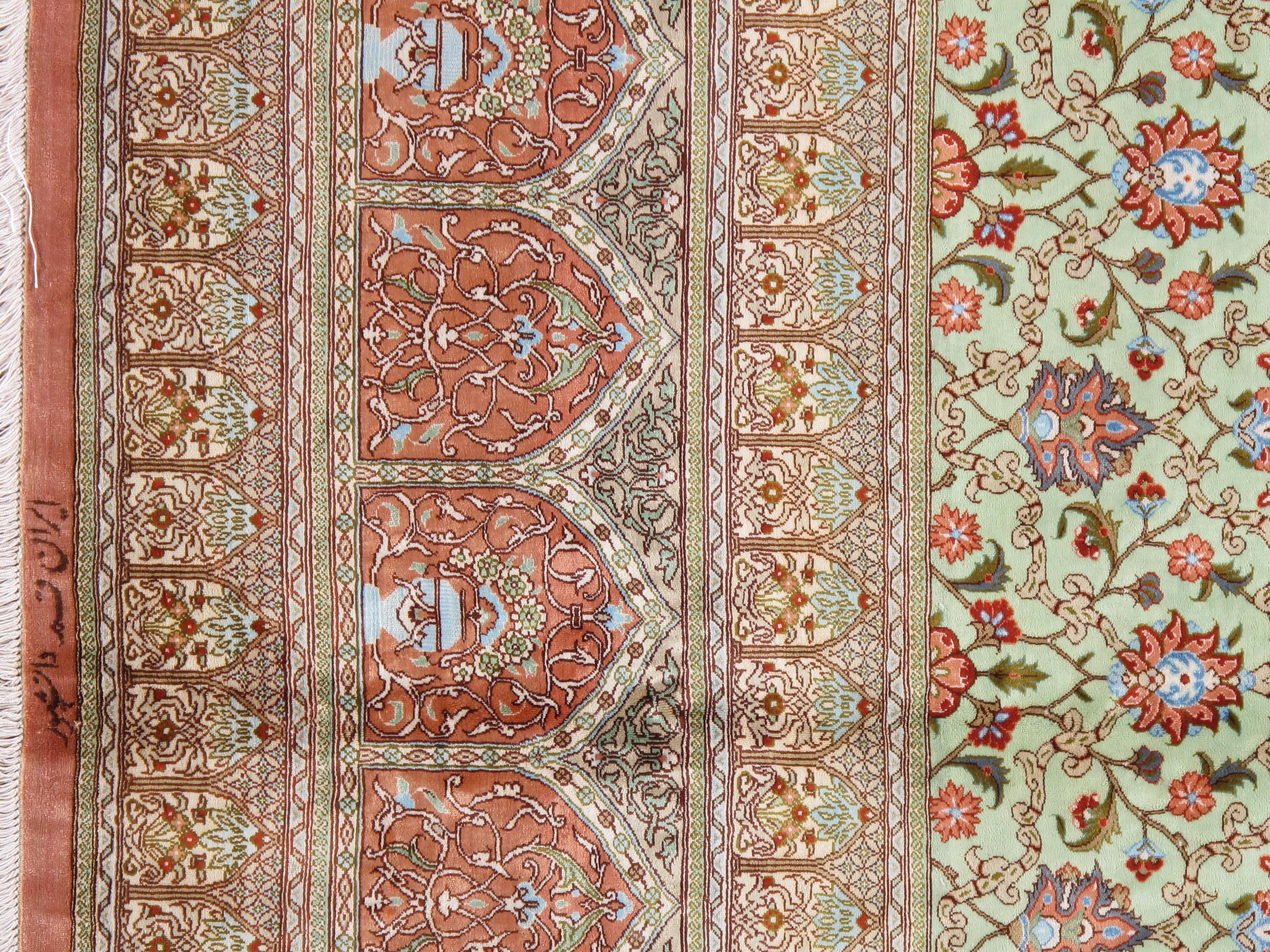 Extremely fine woven Persian silk carpet have silk pile on silk foundation. Approximately 750-800 knots per square inch. Large room size is also very rare: 10' x 13'2