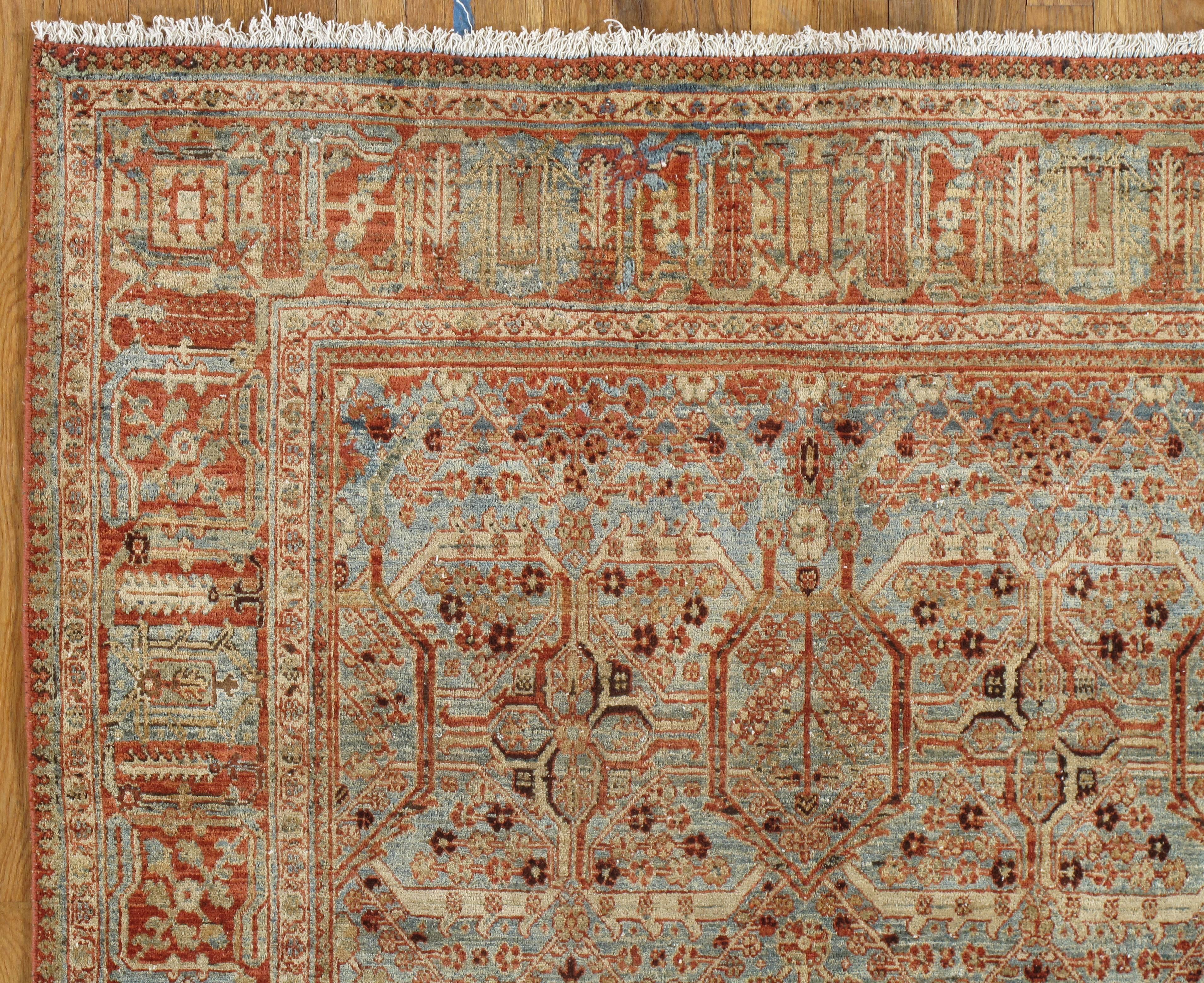 Persian Antique Tabriz Rug, Handmade Oriental Rug in Terracotta, Light Blue and Taupe