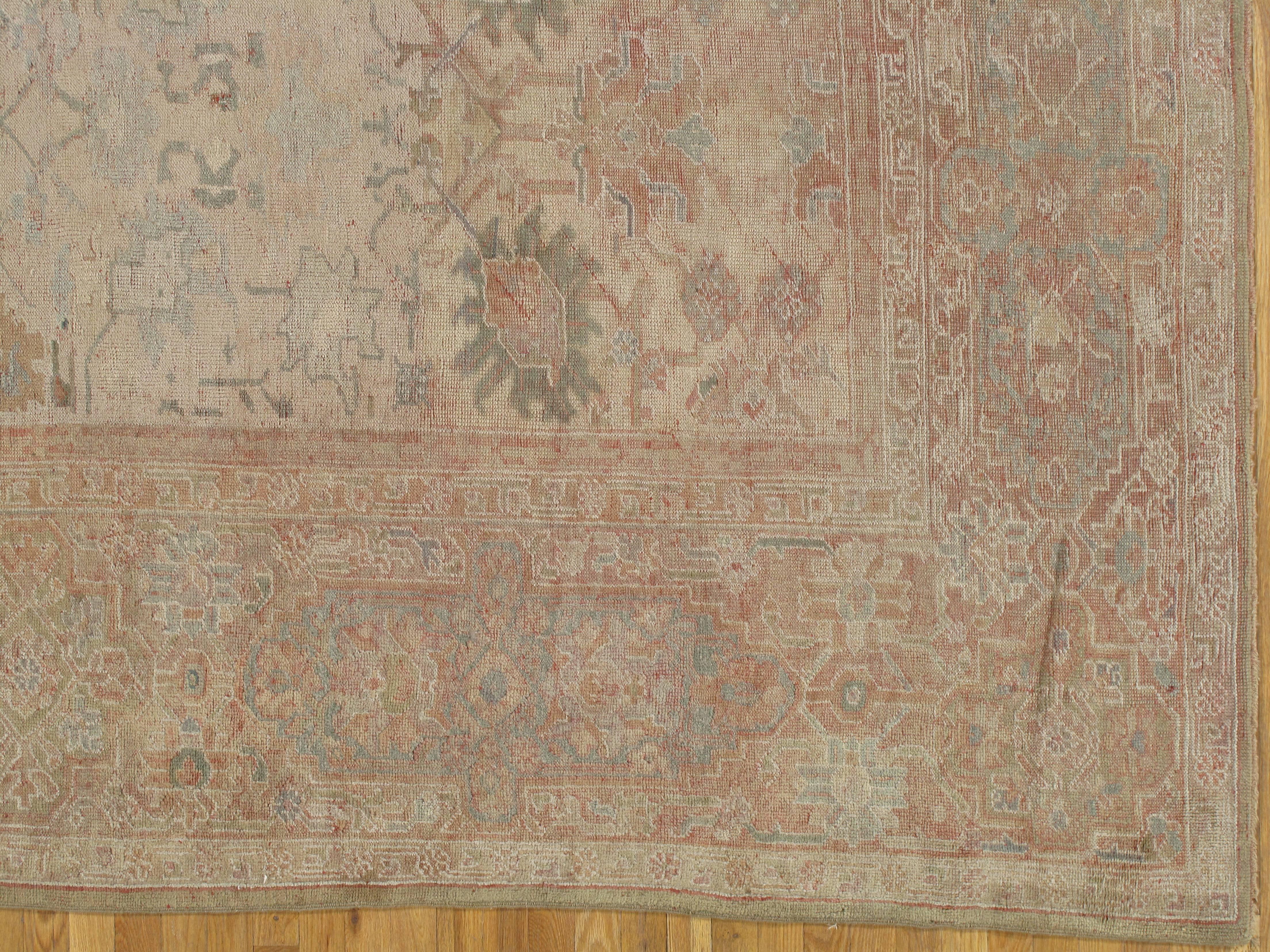 Hand-Knotted Antique Oushak Carpet, Handmade Oriental Rug, Beige, Shrimp, Taupe, Cream Fine