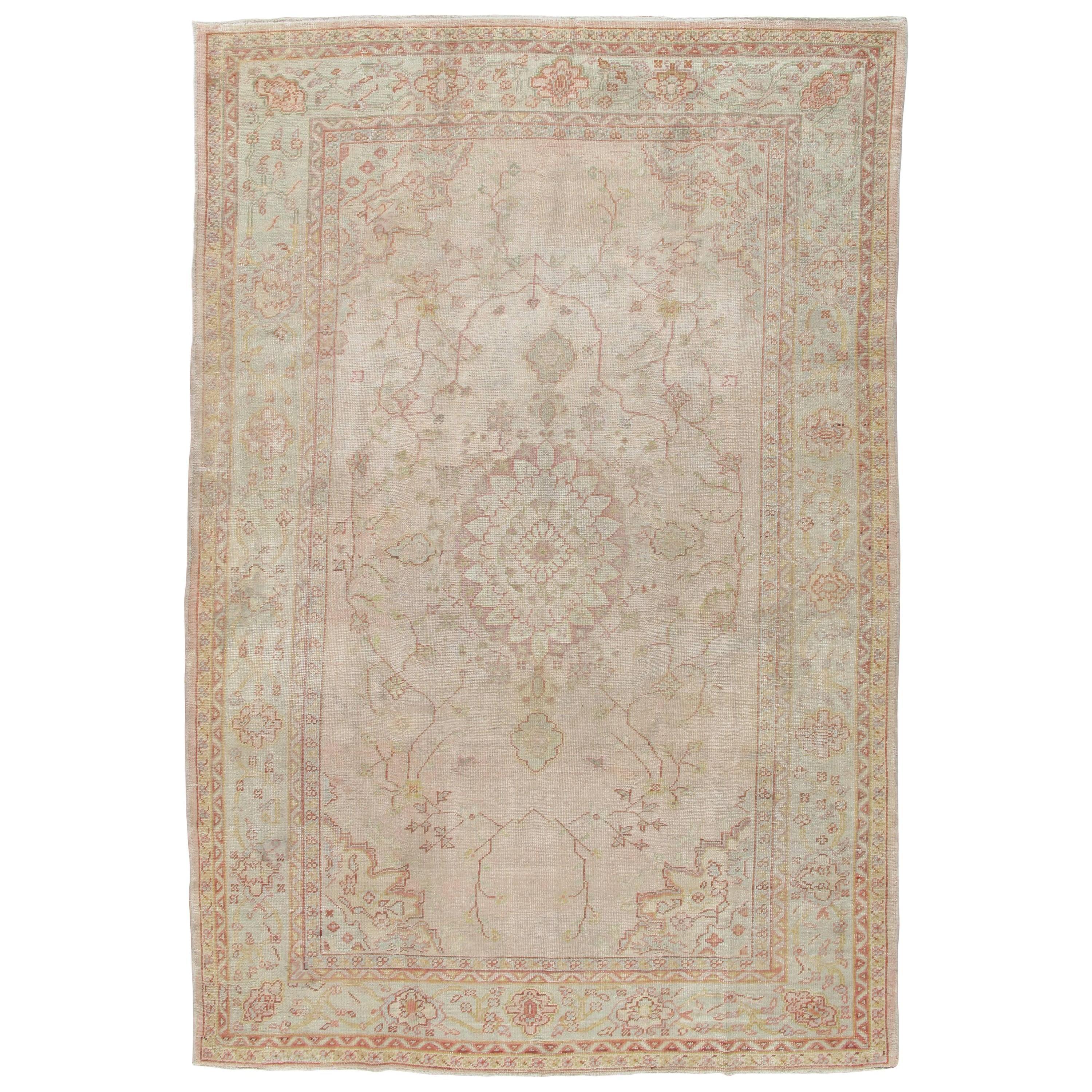 Antique Oushak Carpet, Handmade Oriental Rug, Shrimp Pink, Taupe, Cream Fine Rug For Sale