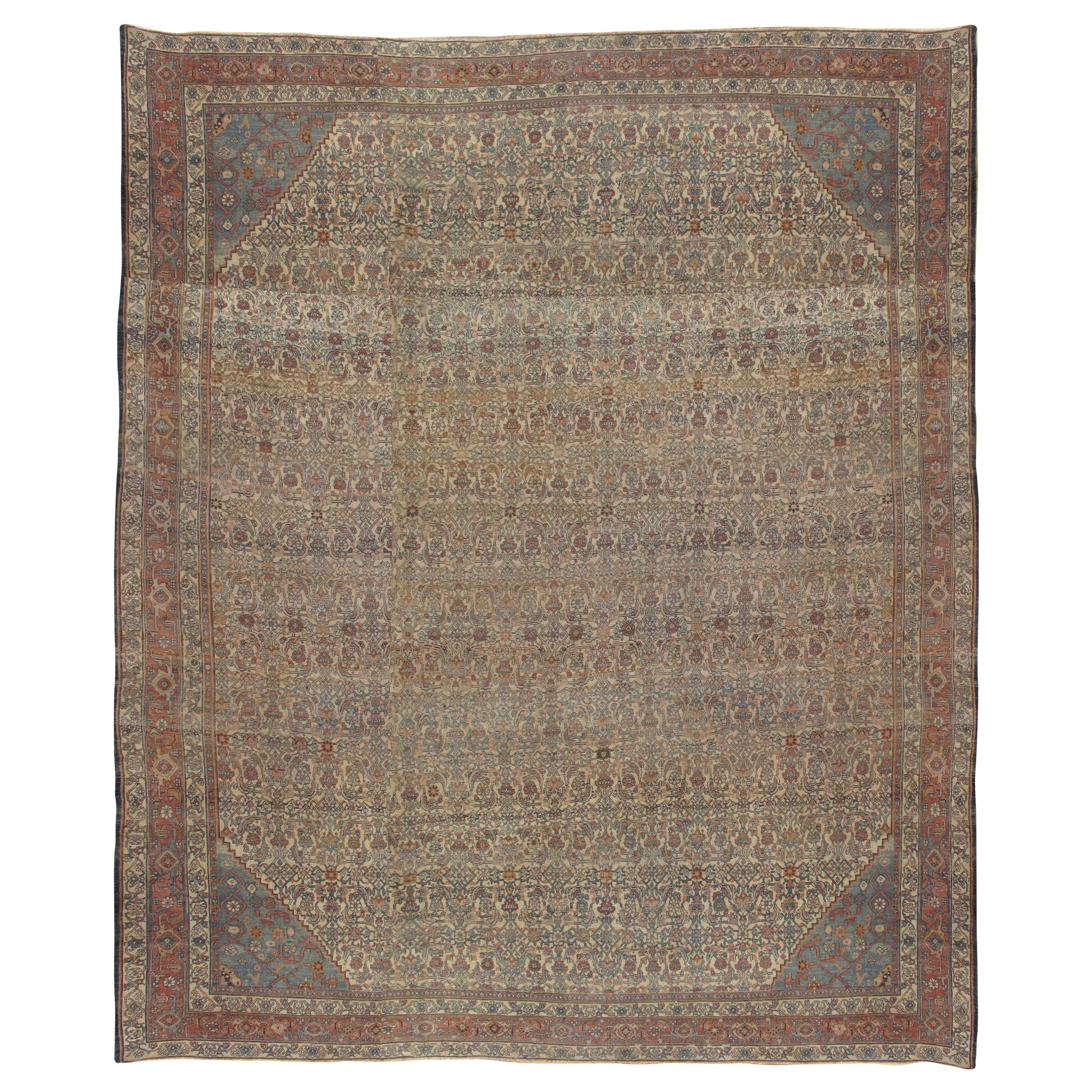 Antique Bijar Carpet Oriental Rug, Handmade, Ivory and Light Blue, Terracotta