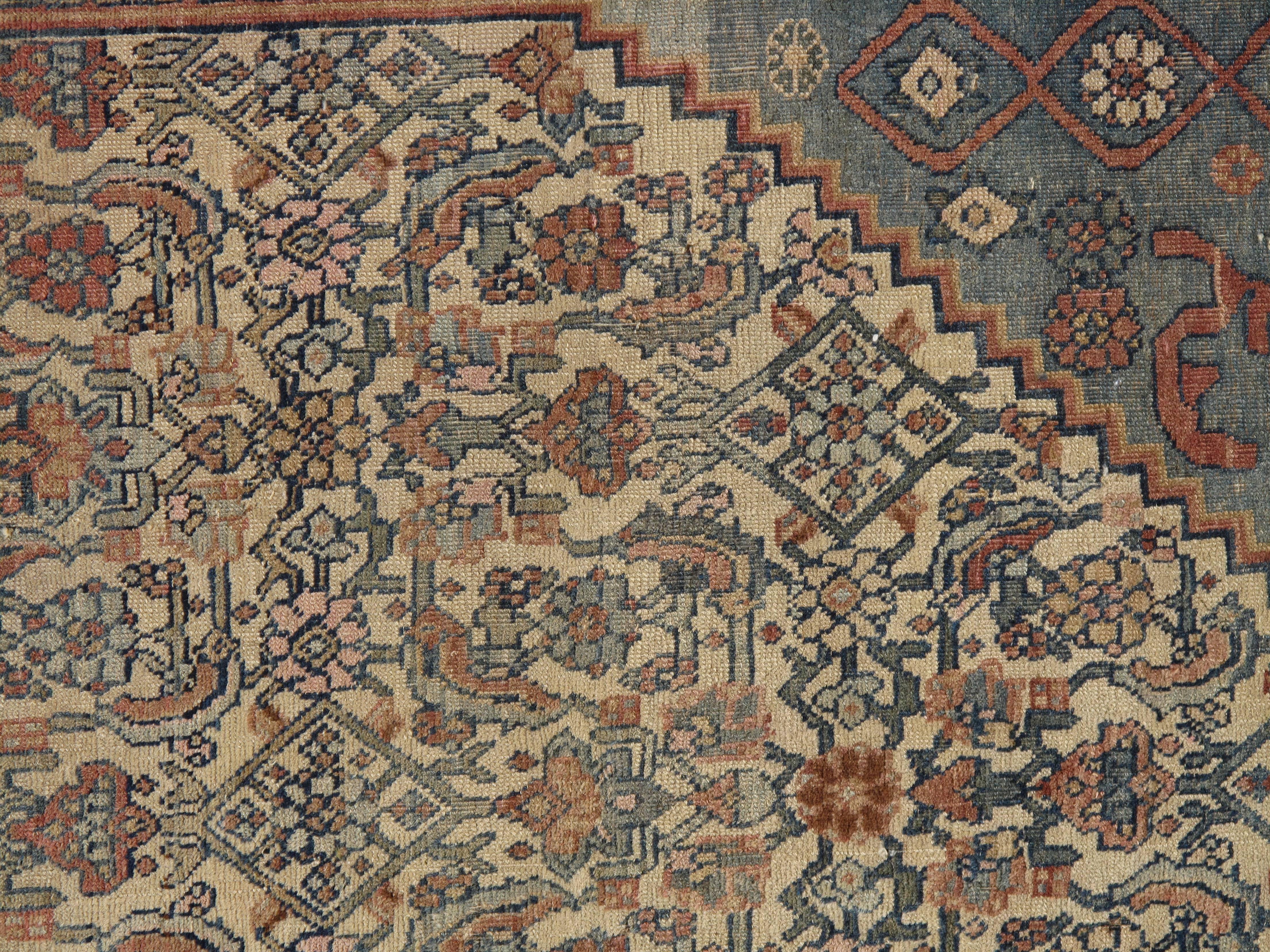 Persian Antique Bijar Carpet Oriental Rug, Handmade, Ivory and Light Blue, Terracotta