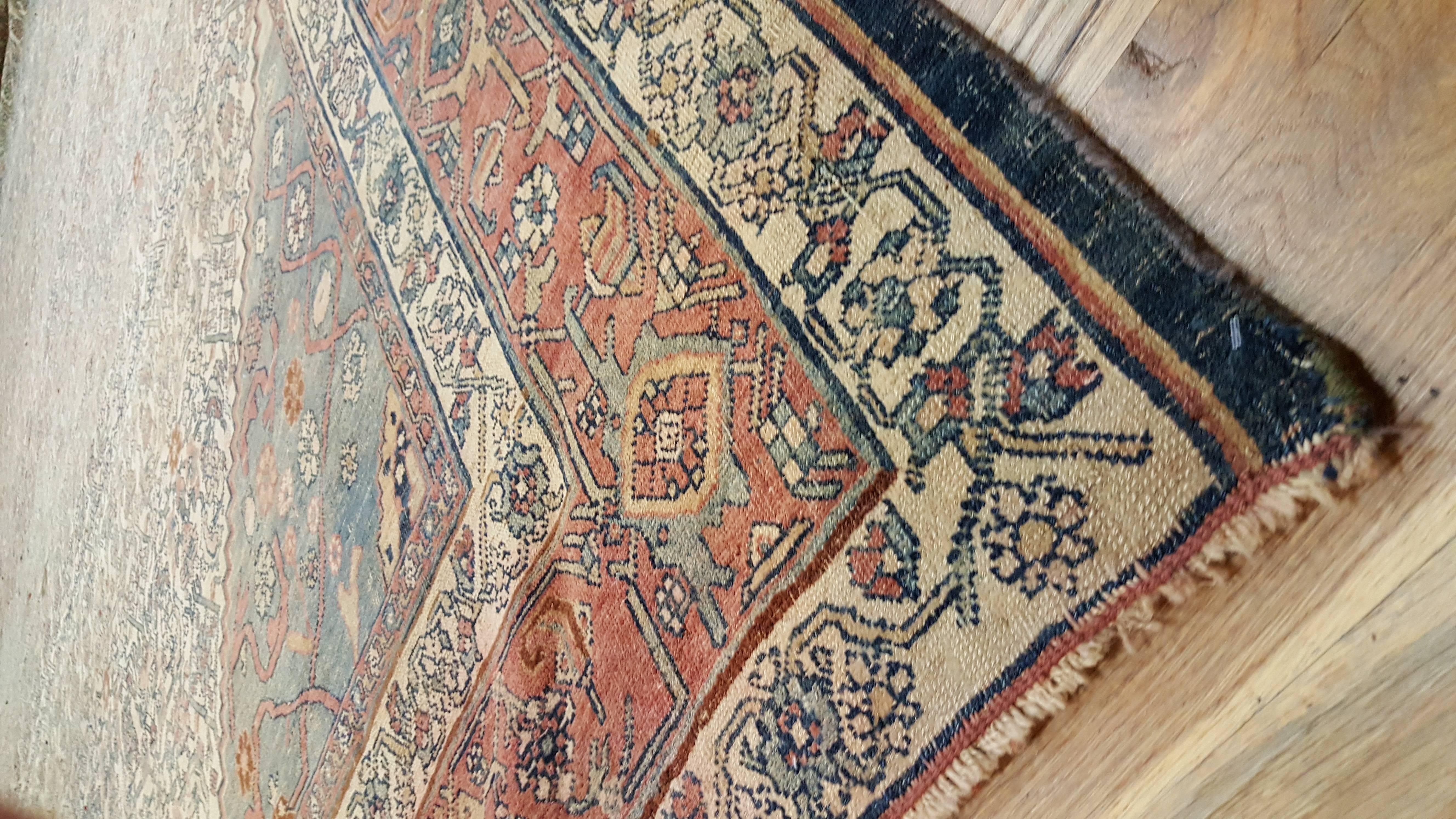 Hand-Knotted Antique Bijar Carpet Oriental Rug, Handmade, Ivory and Light Blue, Terracotta