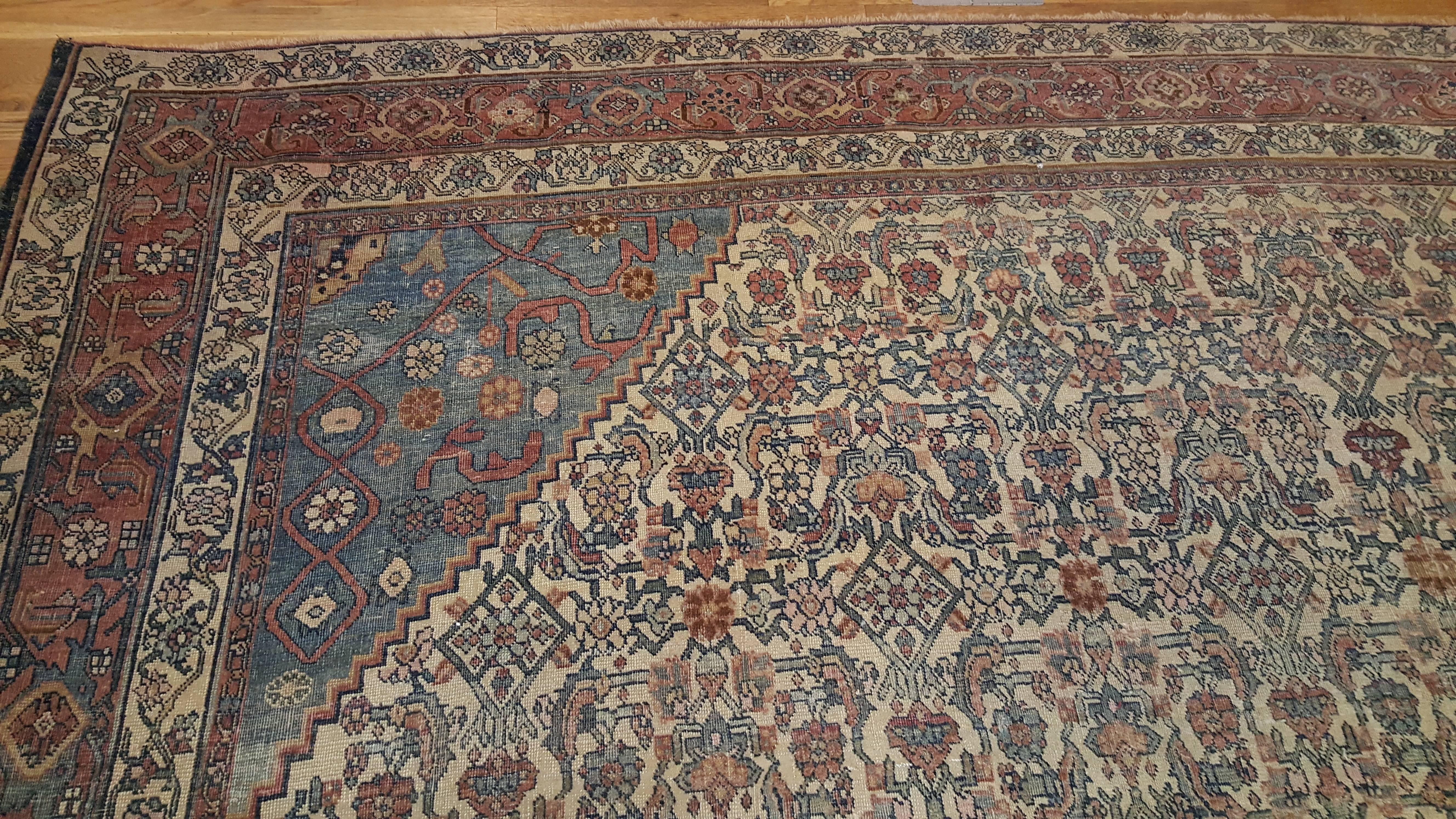 Antique Bijar Carpet Oriental Rug, Handmade, Ivory and Light Blue, Terracotta 1