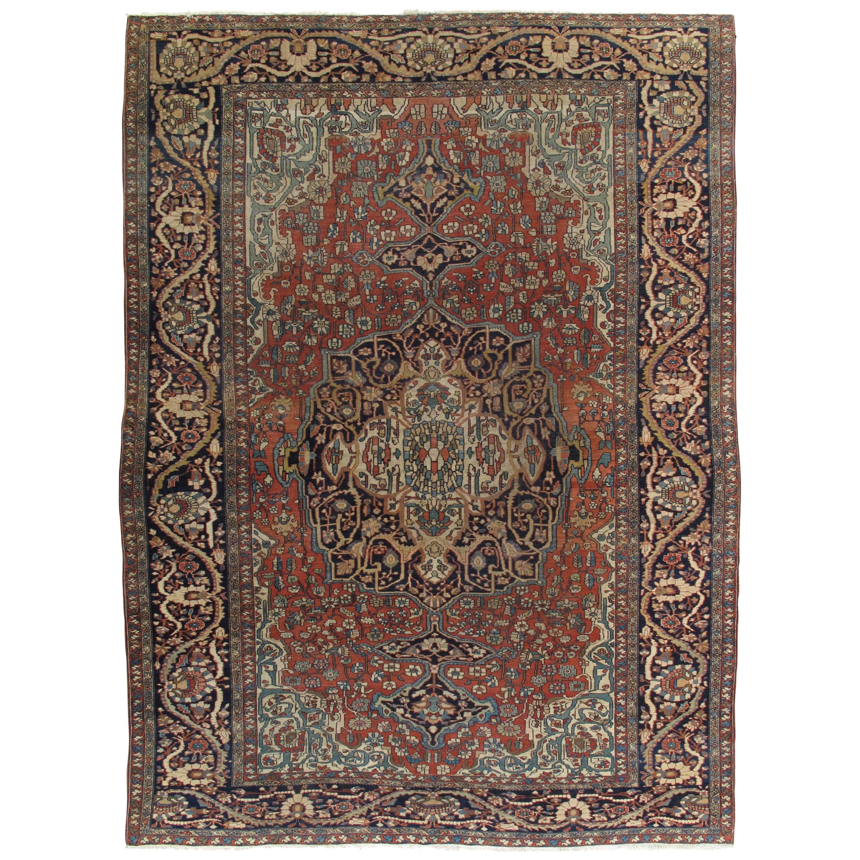 Antiker antiker Farahan Sarouk Teppich, handgefertigter Orientteppich, elfenbeinfarben, marineblau, grün, rostfarben im Angebot
