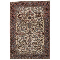 Antiker persischer Heriz-Teppich, handgefertigter orientalischer Wollteppich, elfenbeinfarben und hellblau