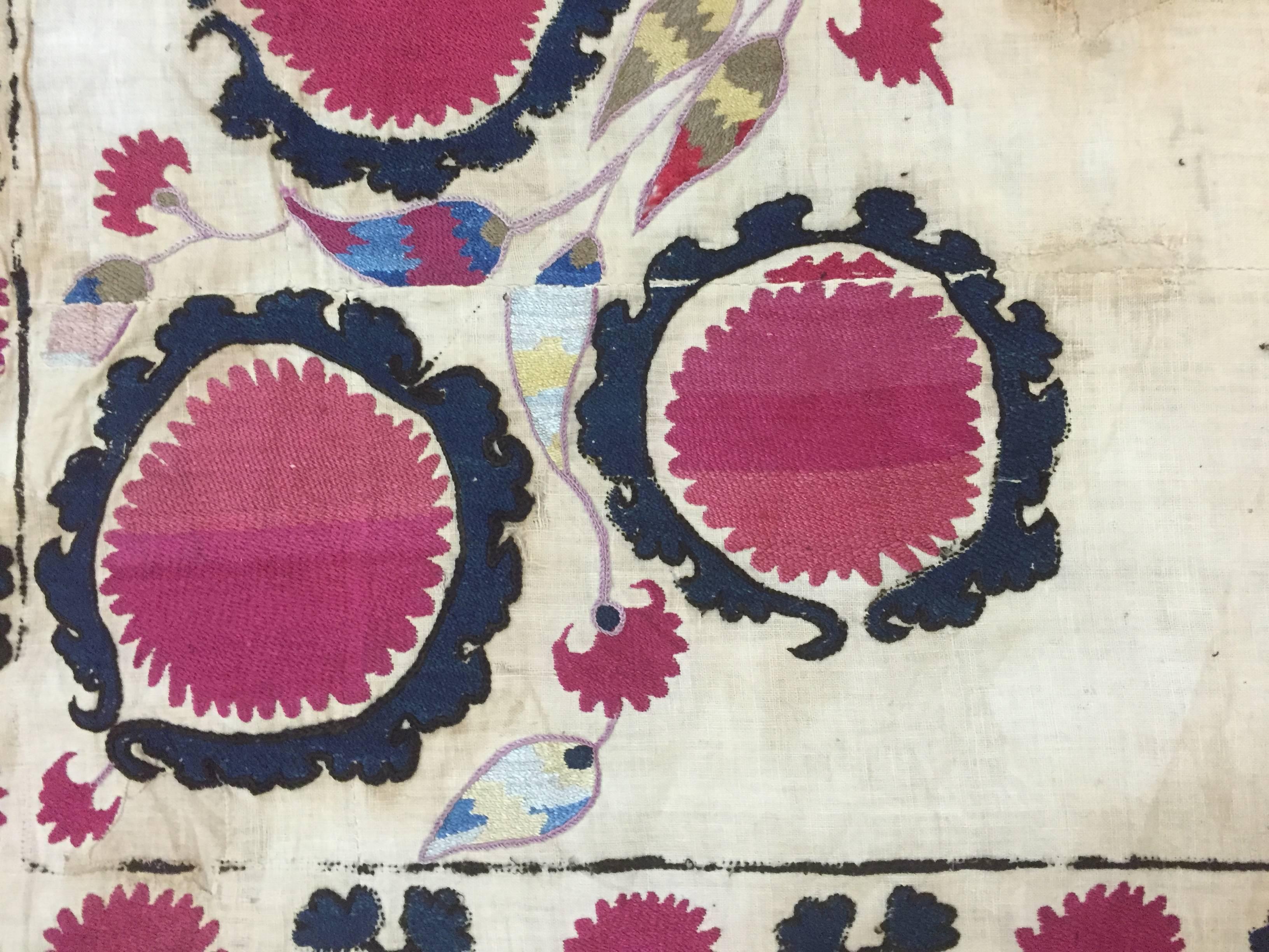 Hand-Knotted Antique Suzani Textile, Fine Uzbek, handmade rug, Tapestry, Silk Flowers