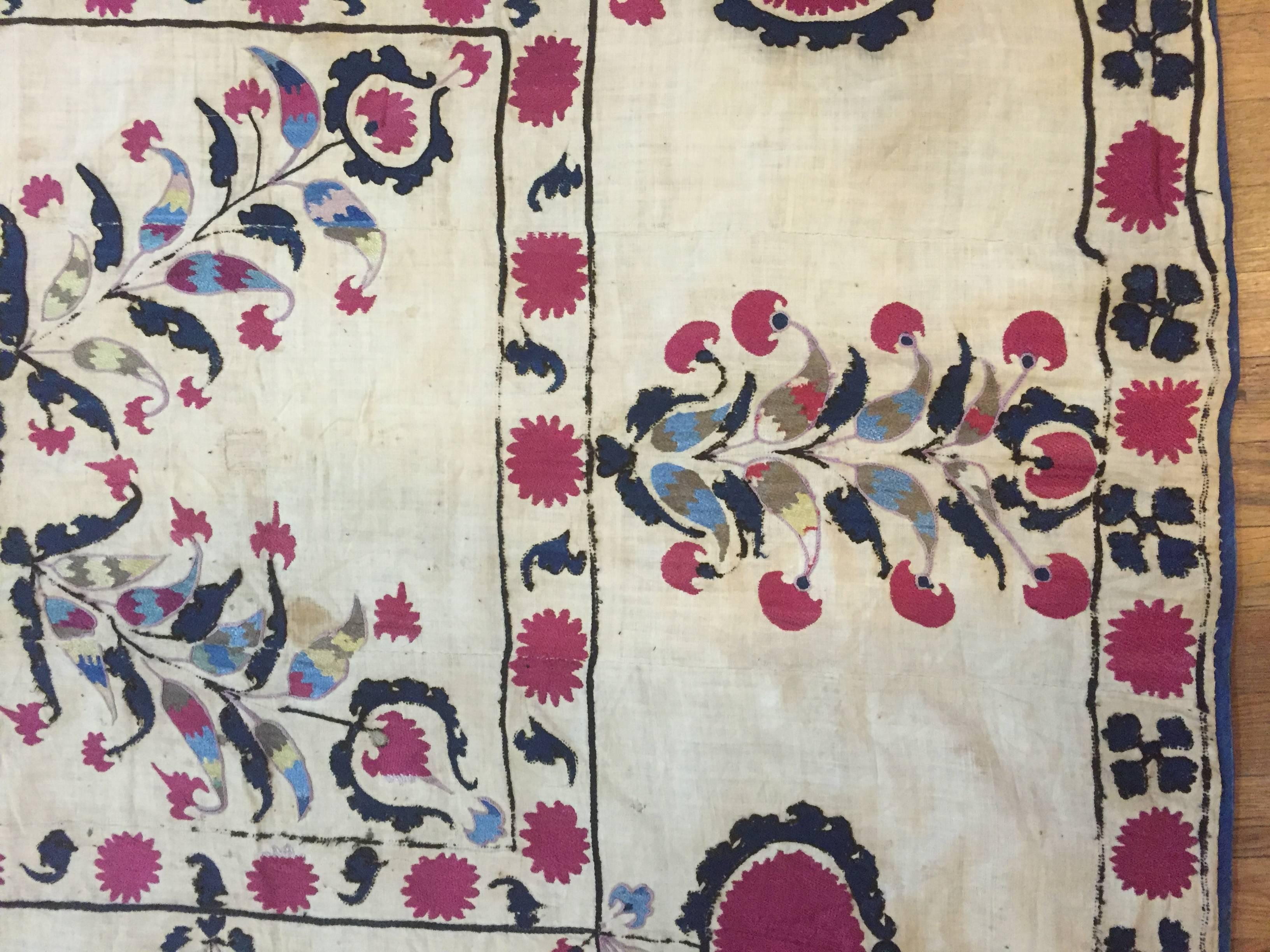 Late 19th Century Antique Suzani Textile, Fine Uzbek, handmade rug, Tapestry, Silk Flowers