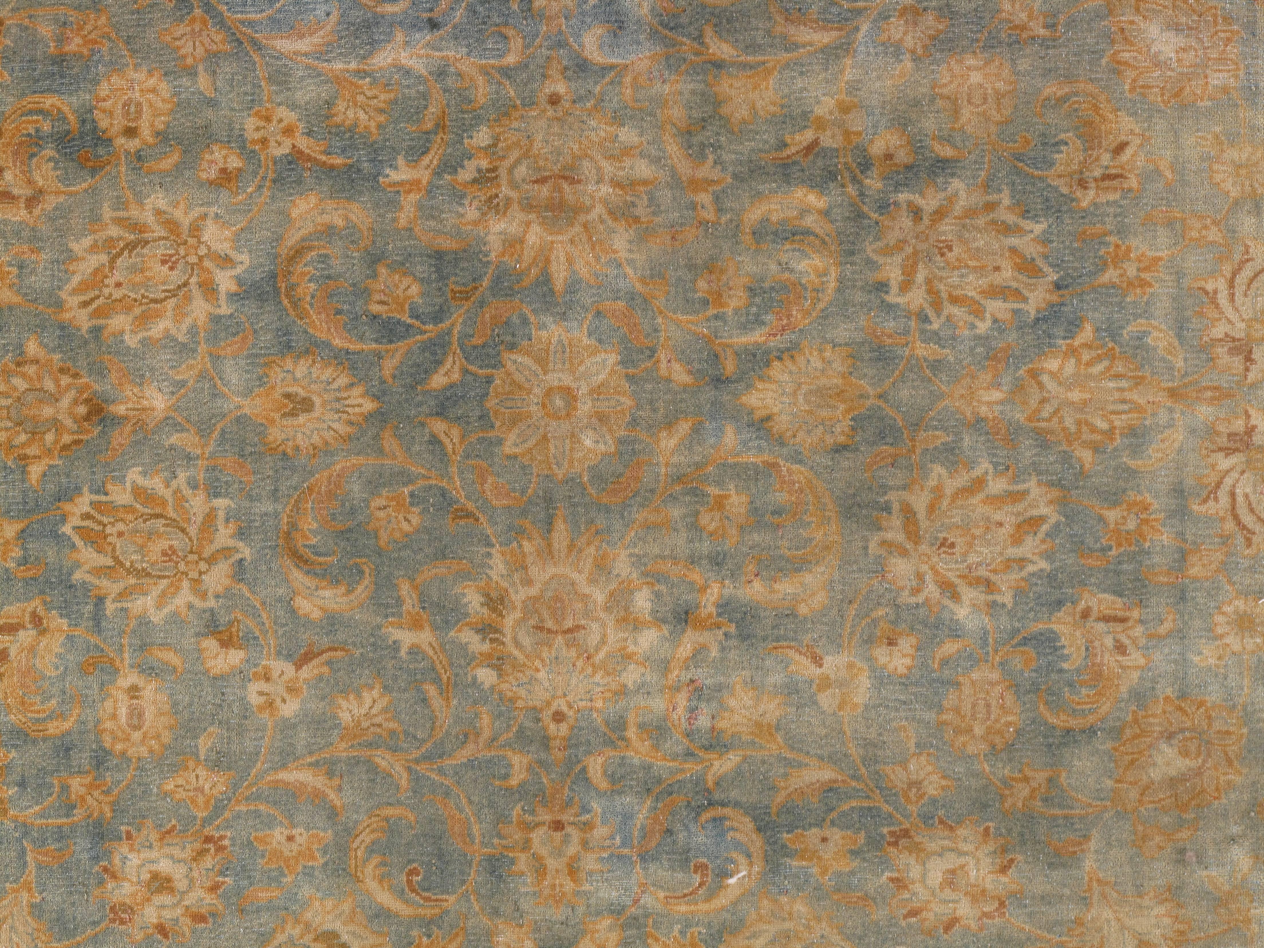 Hand-Knotted Antique Kerman Carpet, Allover Persian Handmade Carpet, Light blue, Ivory, Peach